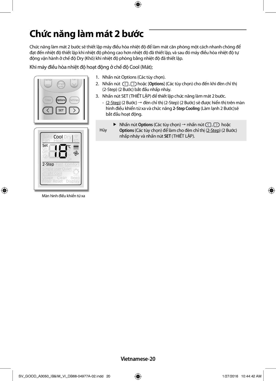 Samsung AR09JPFNSWKNSV, AR12JPFNSWKXSV, AR24JPFNSWKXSV, AR09JPFNSWKXSV manual Chức năng làm mát 2 bước, Vietnamese-20 