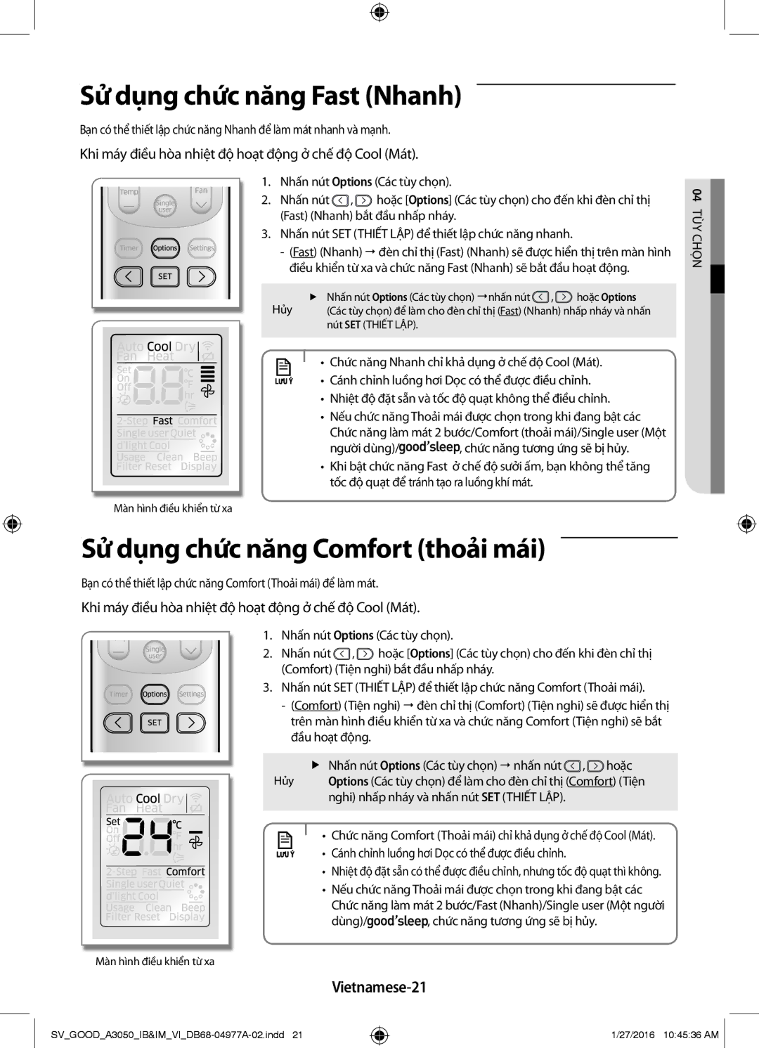 Samsung AR24JPFNSWKNSV manual Sử dụng chức năng Fast Nhanh, Sử dụng chức năng Comfort thoải mái, Vietnamese-21, Y04ùntọ ch 