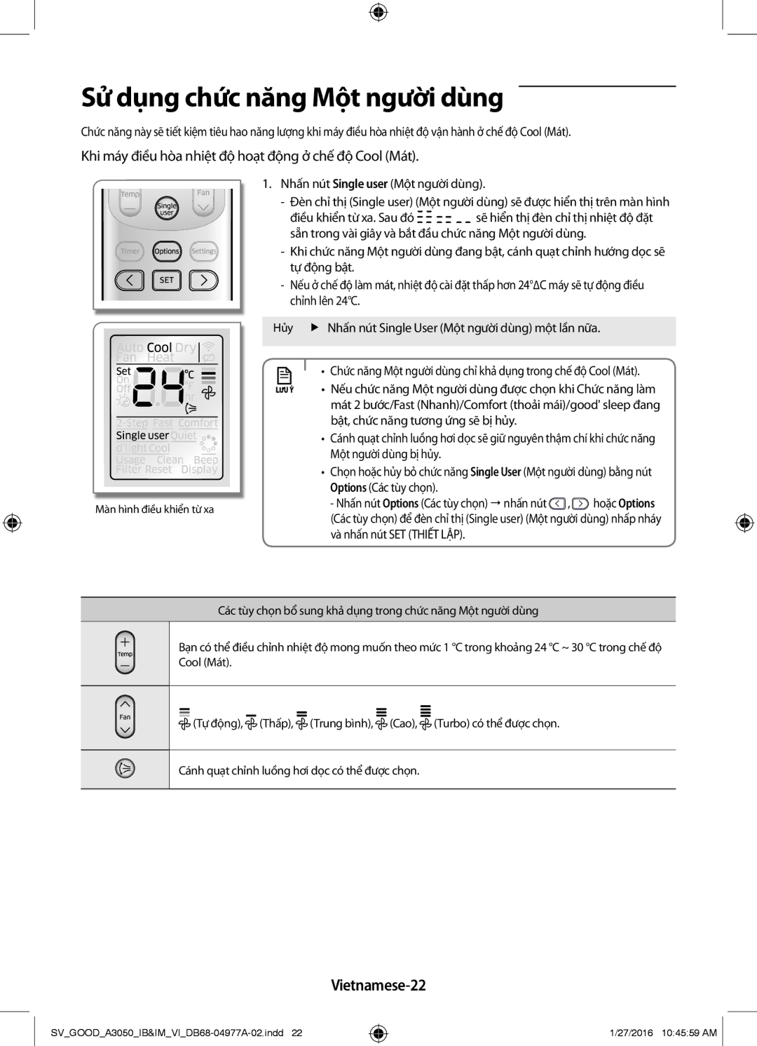 Samsung AR09JCFNSGMNSV, AR12JPFNSWKXSV, AR24JPFNSWKXSV, AR09JPFNSWKXSV manual Sử dụng chức năng Một người dùng, Vietnamese-22 