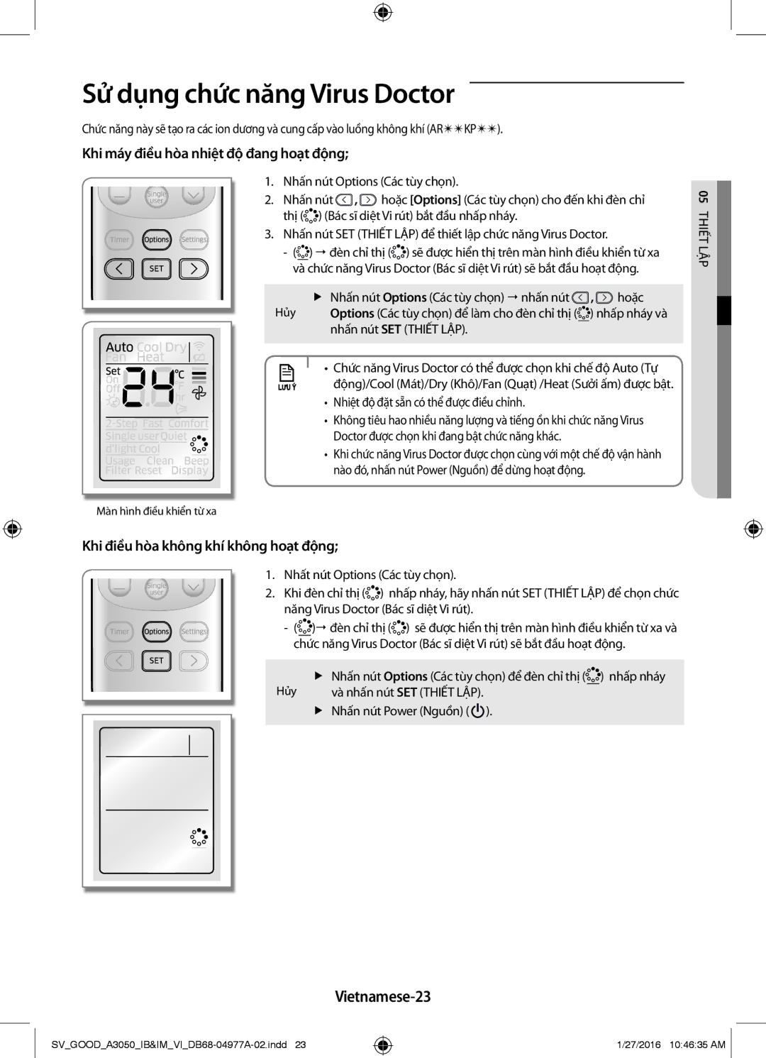 Samsung AR12JCFNSGMXSV manual Sử dụng chức năng Virus Doctor, Vietnamese-23, Nhiệt độ đặt sẵn có thể được điều chỉnh 