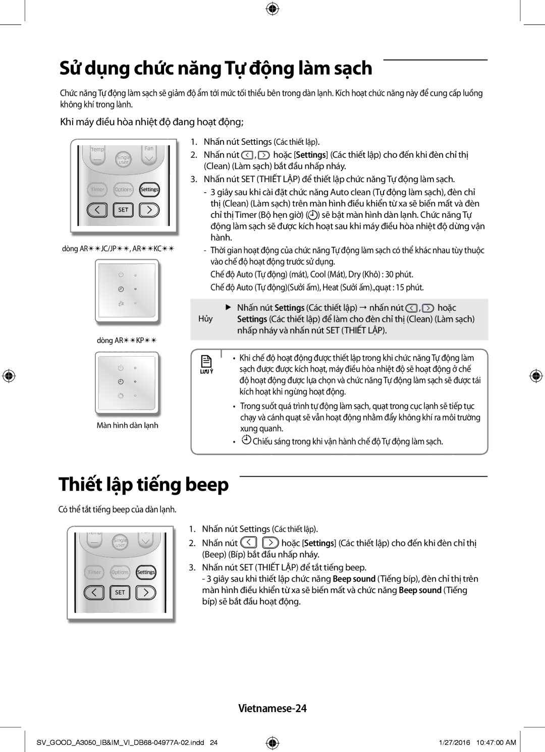 Samsung AR24JCFSSURNSV, AR12JPFNSWKXSV manual Sử dụng chức năng Tự động làm sạch, Thiết lập tiếng beep, Vietnamese-24 