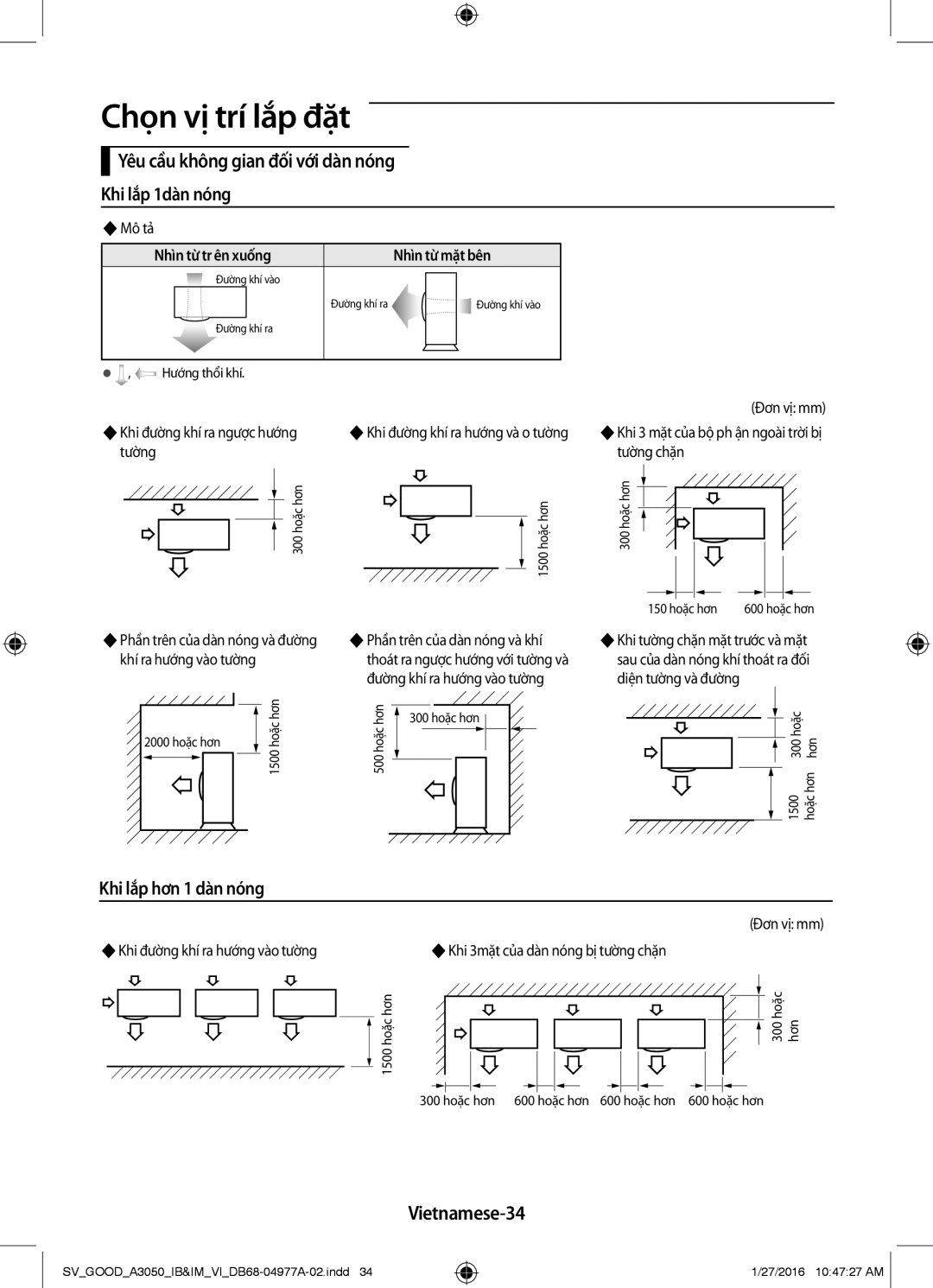 Samsung AR09KCFNSGMNSV manual Yêu cầu không gian đối với dàn nóng Khi lắp 1dàn nóng, Khi lắp hơn 1 dàn nóng, Vietnamese-34 