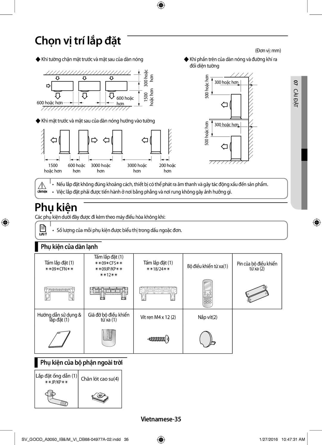 Samsung AR09KCFSSURNSV, AR12JPFNSWKXSV, AR24JPFNSWKXSV, AR09JPFNSWKXSV manual Phụ kiện của dàn lạnh, Vietnamese-35 