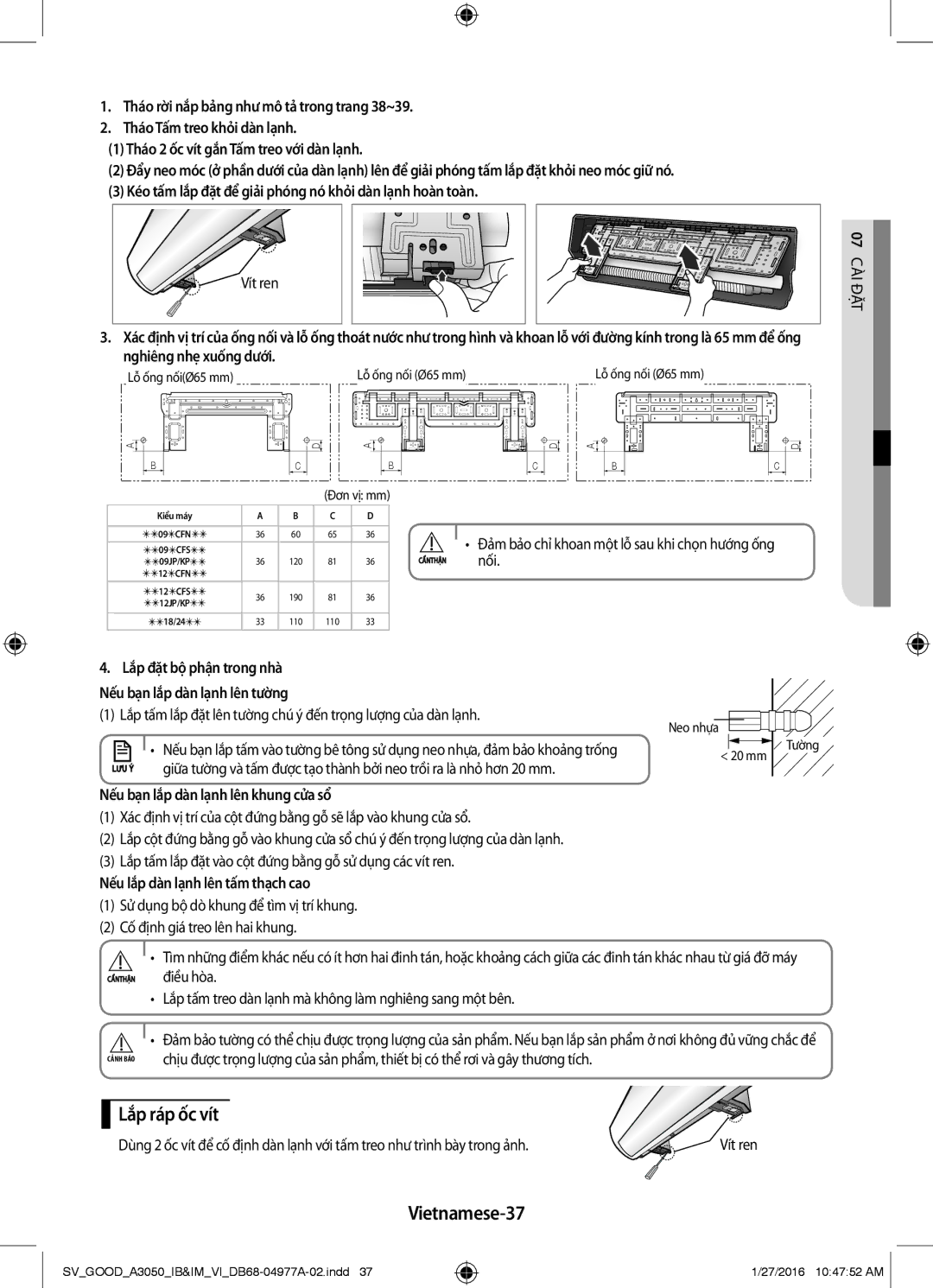 Samsung AR12KPSNSWKNSV, AR12JPFNSWKXSV, AR24JPFNSWKXSV Lắp ráp ốc vít, Vietnamese-37, Nếu bạn lắp dàn lạnh lên khung cửa sổ 