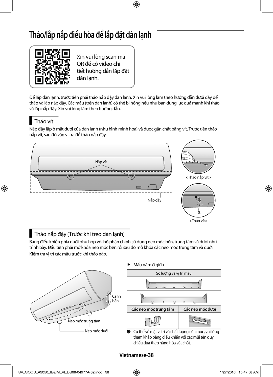 Samsung AR18KPSNSWKNSV, AR12JPFNSWKXSV manual Tháo/lắp nắp điều hòa để lắp đặt dàn lạnh, Vietnamese-38, FfMấu nằm ở giữa 