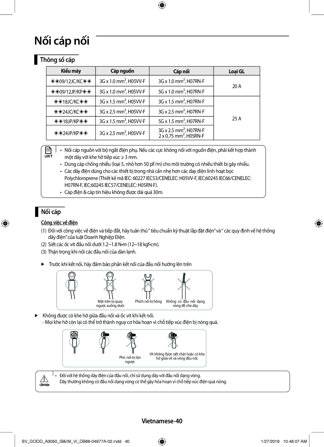 Samsung AR24KPSNSWKNSV, AR12JPFNSWKXSV, AR24JPFNSWKXSV, AR09JPFNSWKXSV manual Nối cáp nối, Thông số cáp, Vietnamese-40 