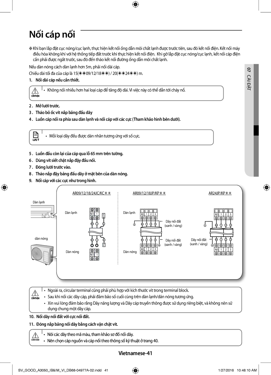 Samsung AR18JCFSSURNSV manual Vietnamese-41, Nối dài cáp nếu cần thiết, Nôi các dây theo mã màu, tham khảo sơ đồ nối dây 