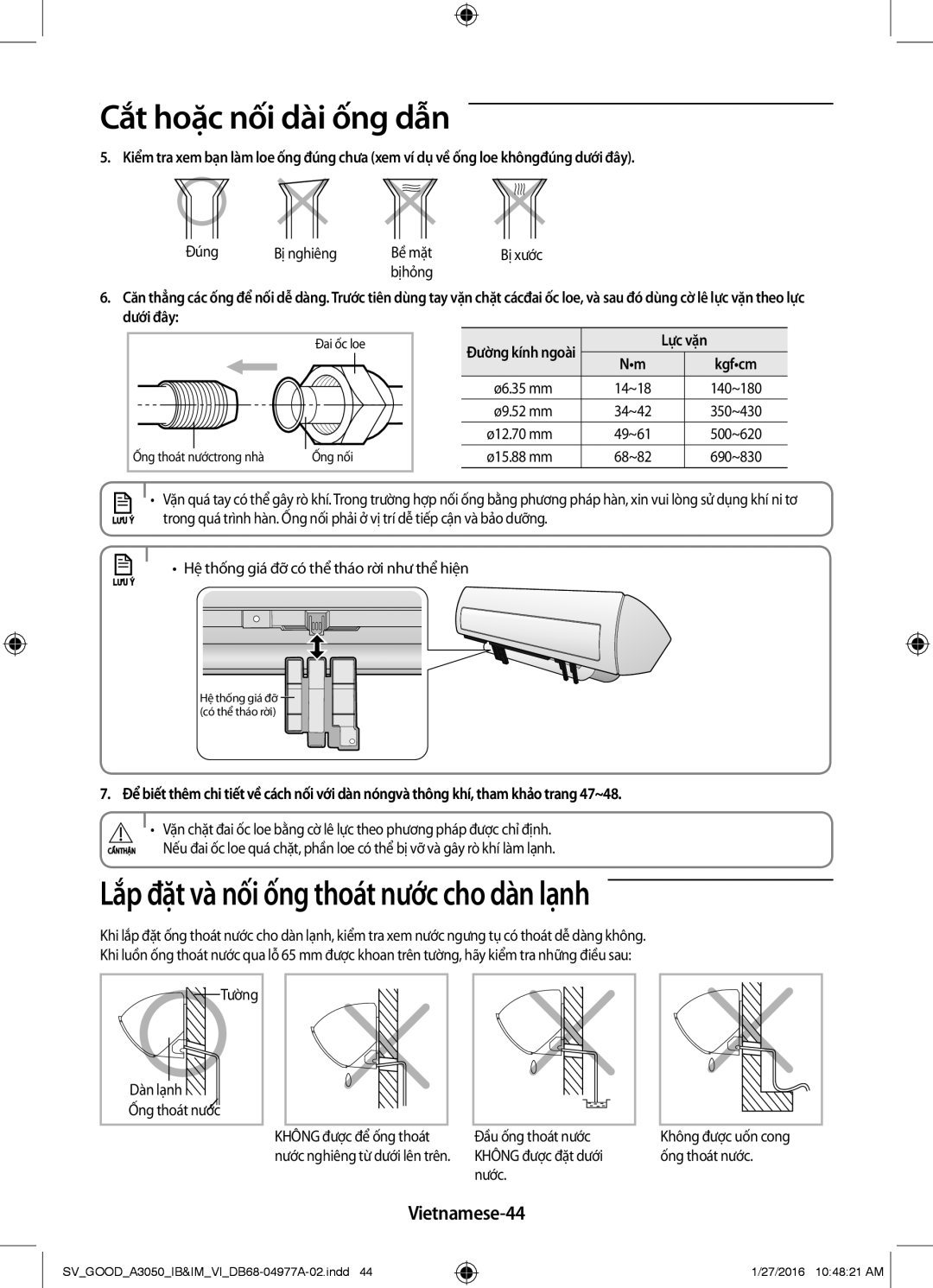 Samsung AR09JCFNSGMXSV, AR12JPFNSWKXSV, AR24JPFNSWKXSV manual Lắp đặt và nối ống thoát nước cho dàn lạnh, Vietnamese-44 