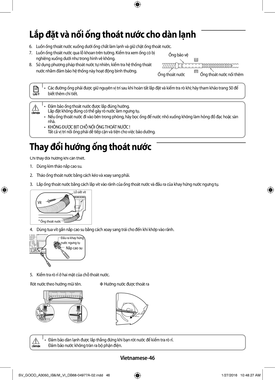 Samsung AR24KCFSSURNSV, AR12JPFNSWKXSV, AR24JPFNSWKXSV, AR09JPFNSWKXSV manual Thay đổi hướng ống thoát nước, Vietnamese-46 