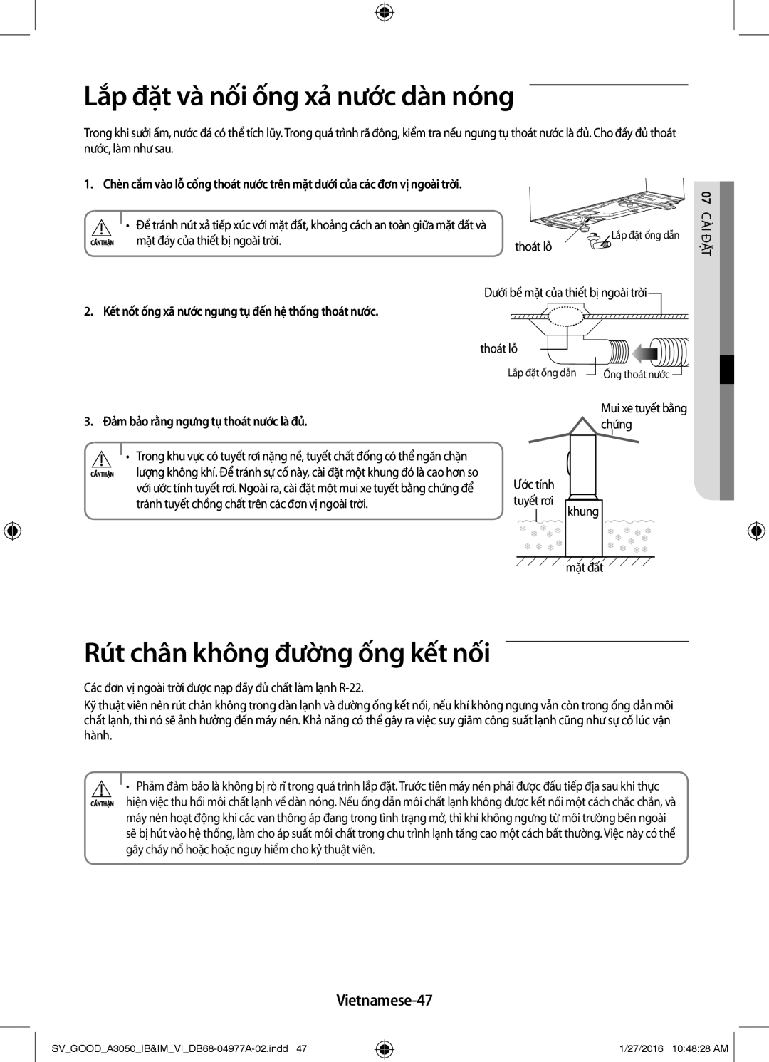 Samsung AR12JCFSSURXSV manual Lắp đặt và nối ống xả nước dàn nóng, Rút chân không đường ống kết nối, Vietnamese-47 