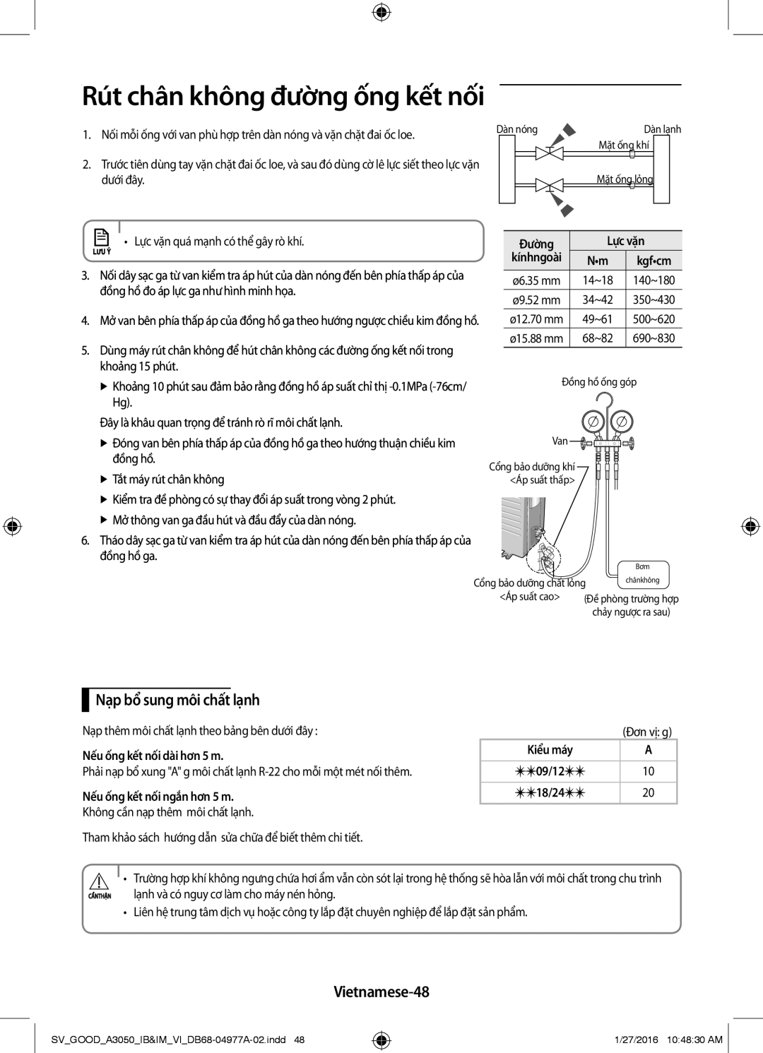 Samsung AR18JCFSSURXSV manual Nạp bổ sung môi chất lạnh, Vietnamese-48, Đường Lực vặn, Nếu ống kết nối dài hơn 5 m 