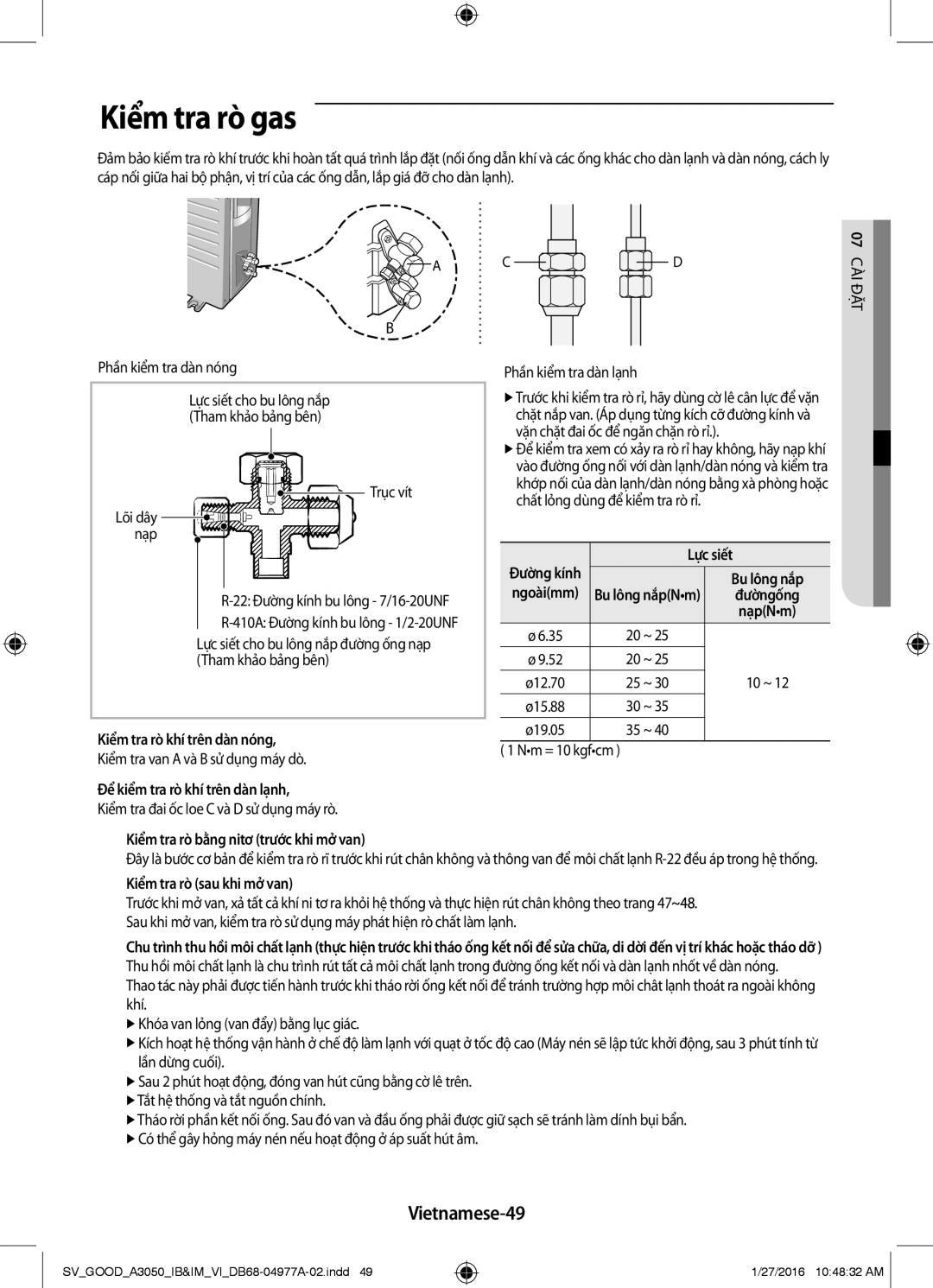 Samsung AR09JCFSSURNSV, AR12JPFNSWKXSV, AR24JPFNSWKXSV, AR09JPFNSWKXSV, AR18KCFSSURNSV manual Kiểm tra rò gas, Vietnamese-49 