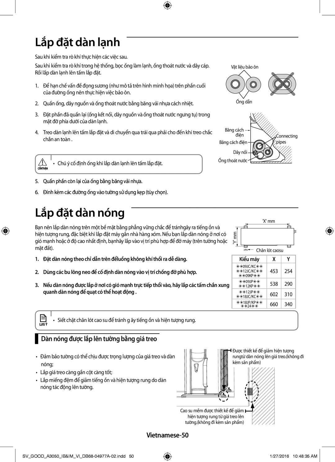 Samsung AR09JPFNSWKNSV manual Lắp đặt dàn lạnh, Lắp đặt dàn nóng, Dàn nóng được lắp lên tường bằng giá treo, Vietnamese-50 