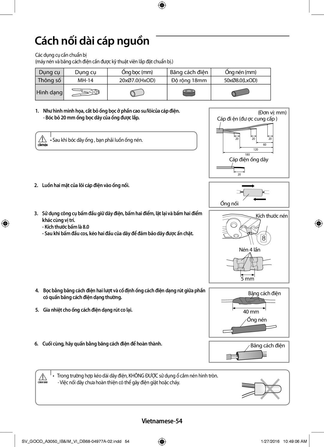 Samsung AR24JCFSSURNSV, AR12JPFNSWKXSV Cách nối dài cáp nguồn, Vietnamese-54, Gia nhiệt cho ống cách điện dạng rút co lại 