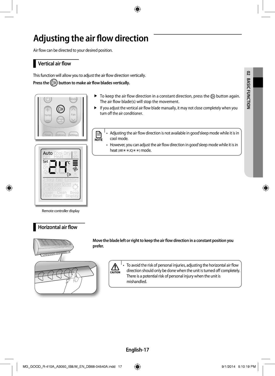 Samsung AR12JQFNBWK/MG manual Adjusting the air flow direction, Vertical air flow, Horizontal air flow, English-17 