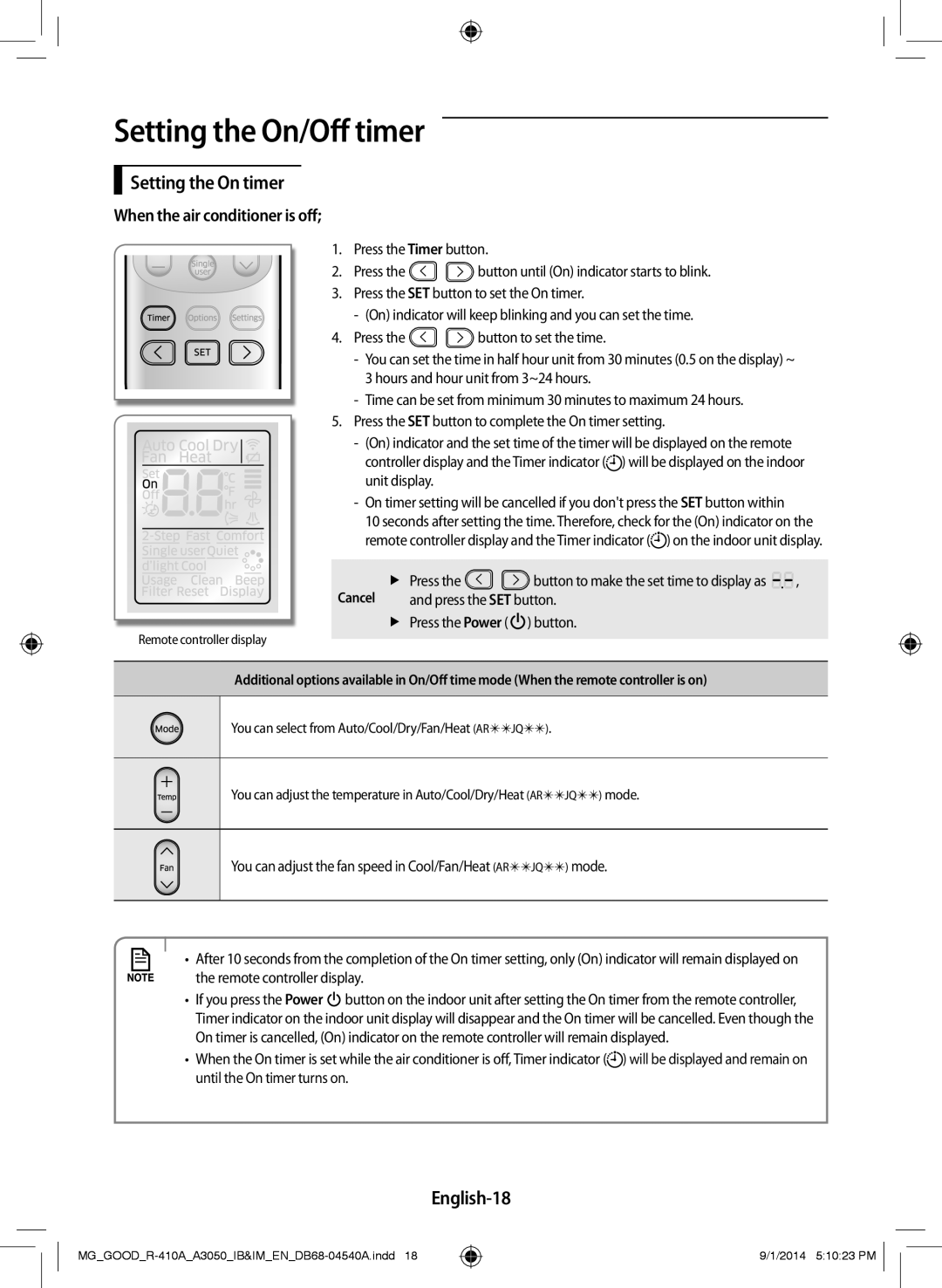 Samsung AR24JQFNBWKNMG, AR12JQFNBWK/MG, AR24JQFSBWKNMG Setting the On/Off timer, Setting the On timer, English-18, FfPress 