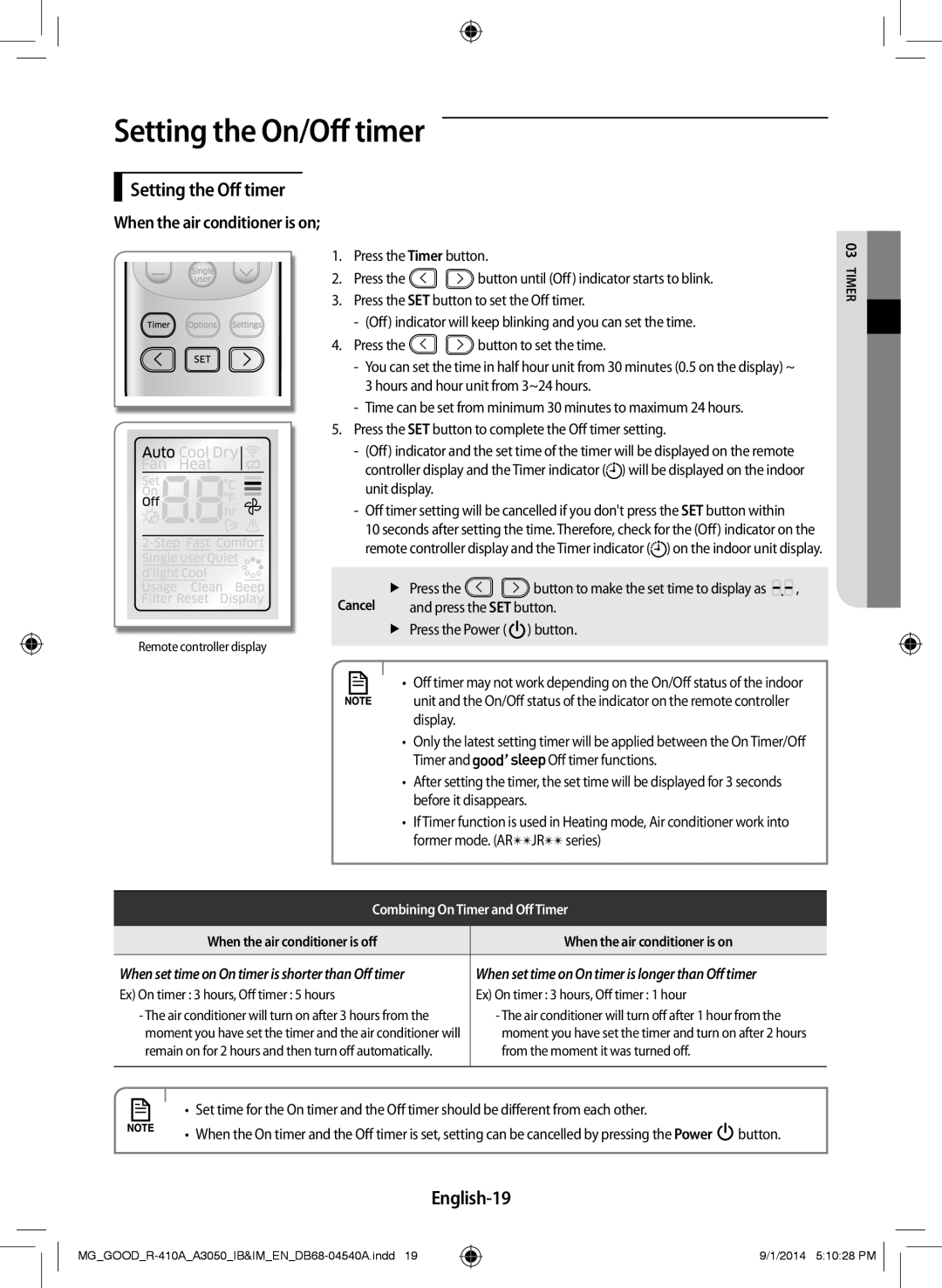 Samsung AR24JQFSBWKNMG, AR12JQFNBWK/MG, AR24JQFNBWKNMG, AR18JQFSBWKNMG, AR18JQFSBWKXMG manual Setting the Off timer, English-19 