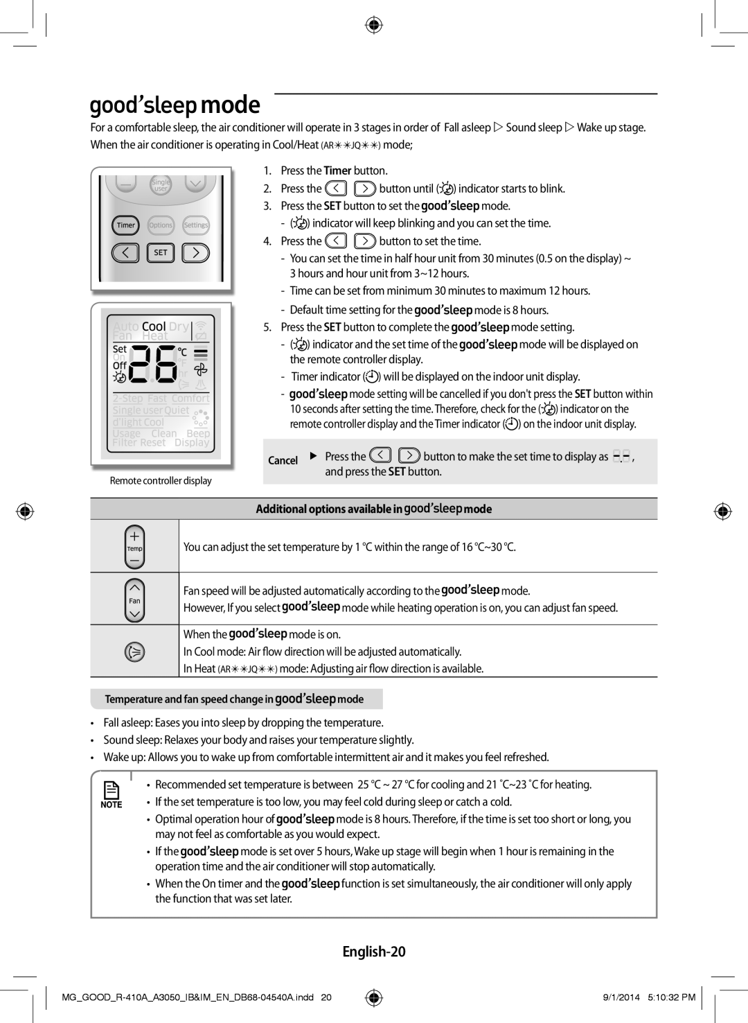 Samsung AR18JQFSBWKNMG, AR12JQFNBWK/MG, AR24JQFNBWKNMG, AR24JQFSBWKNMG manual Mode, English-20, Additional options available 