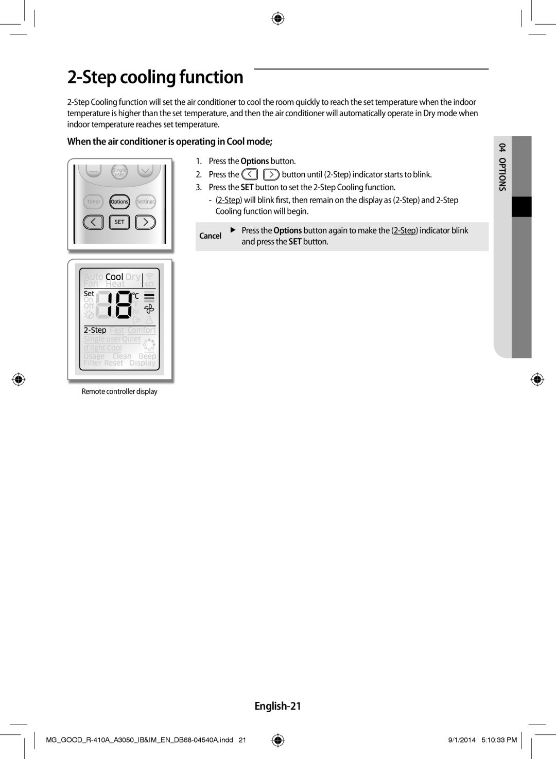 Samsung AR18JQFSBWKXMG, AR12JQFNBWK/MG, AR24JQFNBWKNMG, AR24JQFSBWKNMG, AR18JQFSBWKNMG manual Step cooling function, English-21 