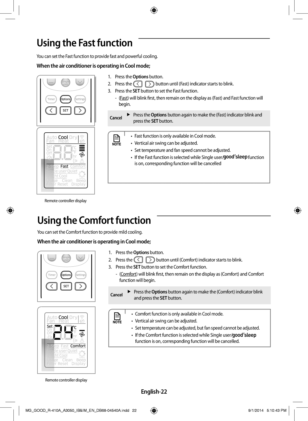 Samsung AR18JRFSBWKNMG, AR12JQFNBWK/MG, AR24JQFNBWKNMG manual Using the Fast function, Using the Comfort function, English-22 