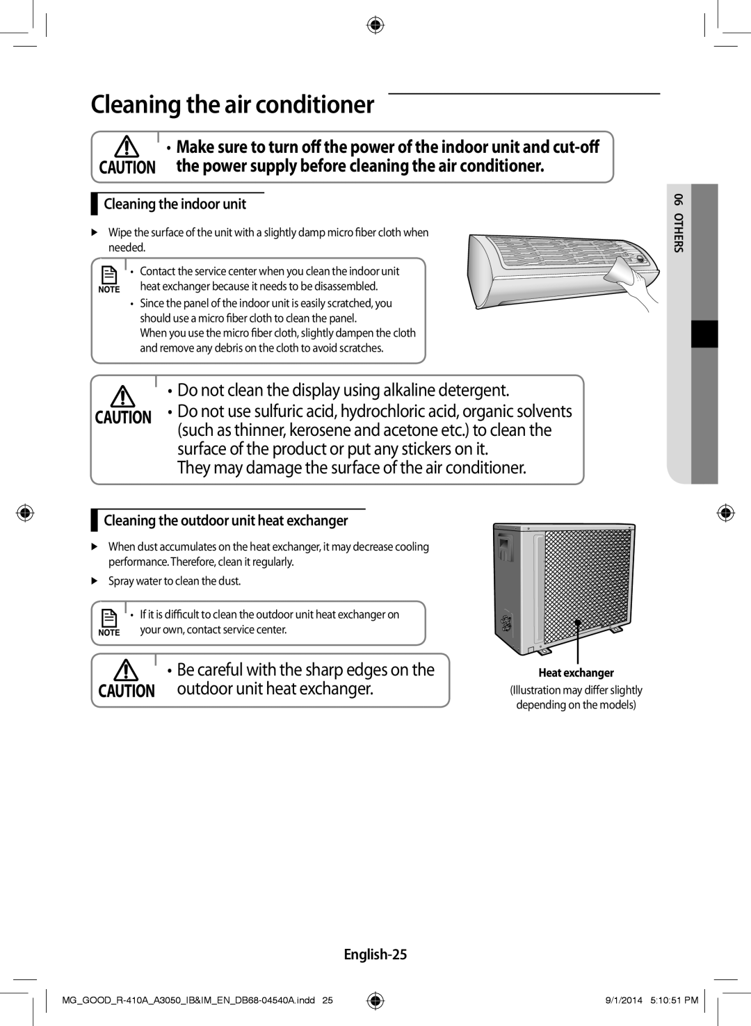 Samsung AR12JQFNBWKXMG Cleaning the air conditioner, Cleaning the outdoor unit heat exchanger, English-25, Heat exchanger 