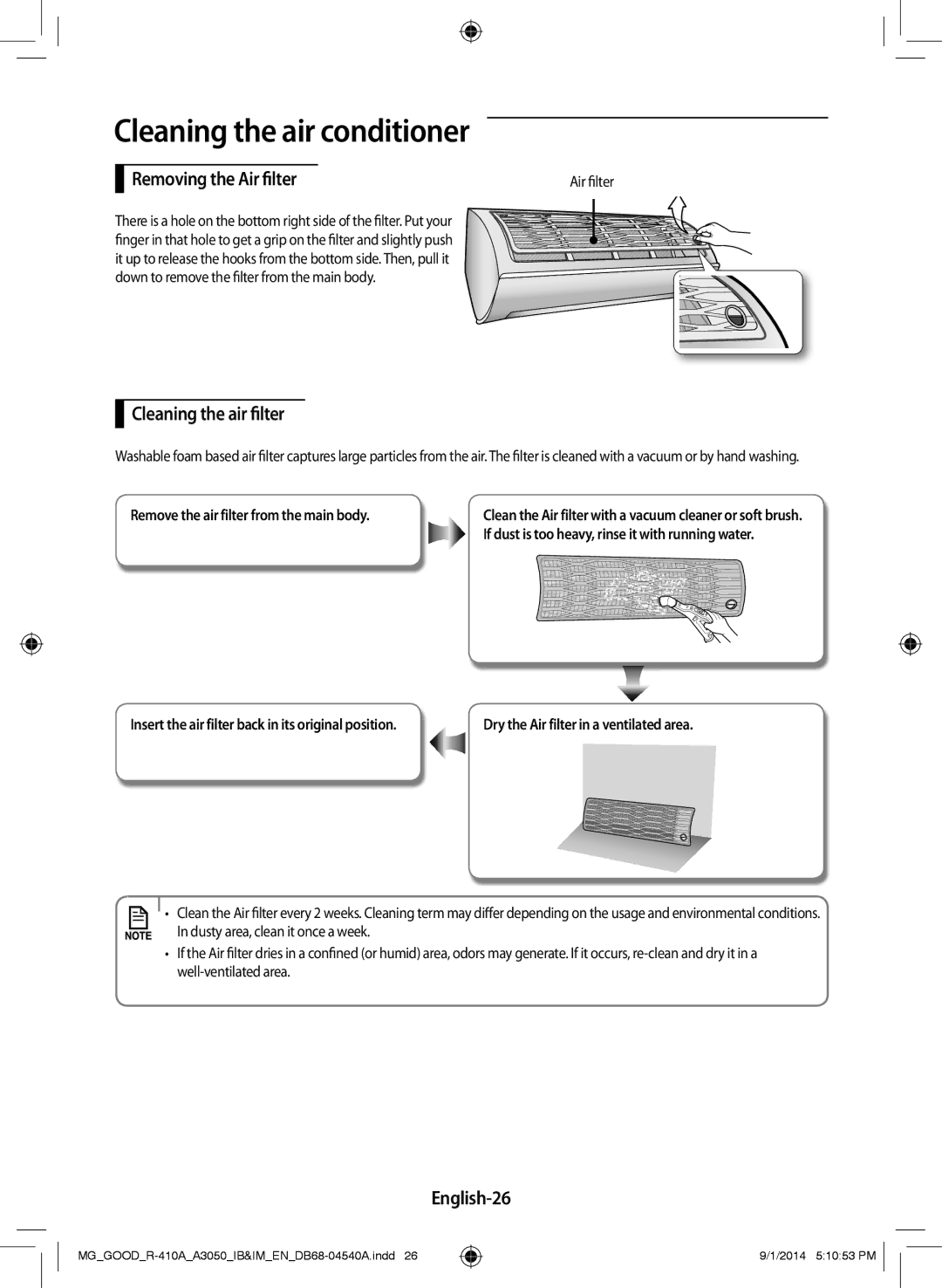 Samsung AR12JRFNBWKNMG, AR12JQFNBWK/MG, AR24JQFNBWKNMG manual Removing the Air filter, Cleaning the air filter, English-26 