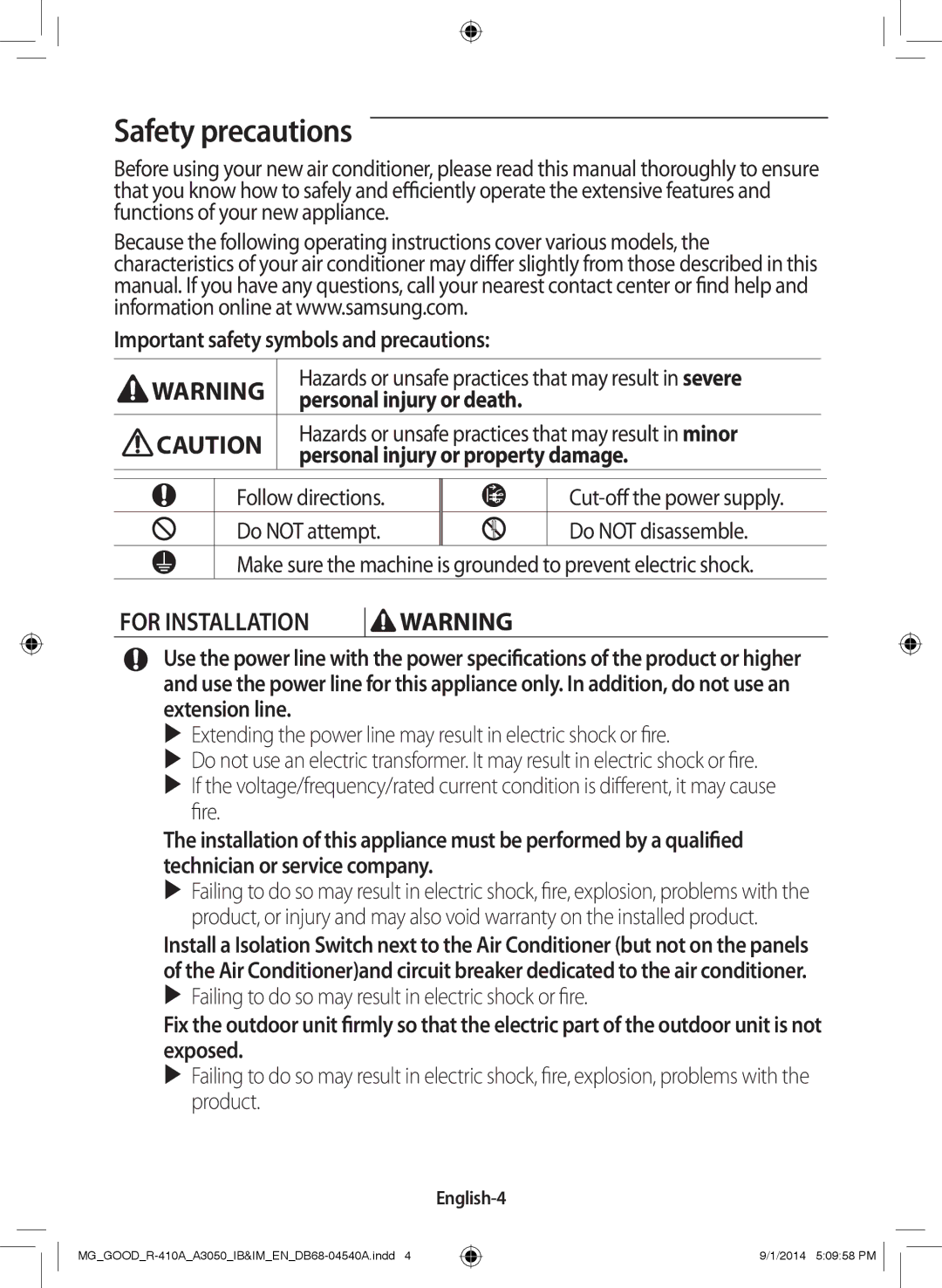 Samsung AR18JQFSBWKXMG, AR12JQFNBWK/MG, AR24JQFNBWKNMG, AR24JQFSBWKNMG, AR18JQFSBWKNMG manual Safety precautions, English-4 