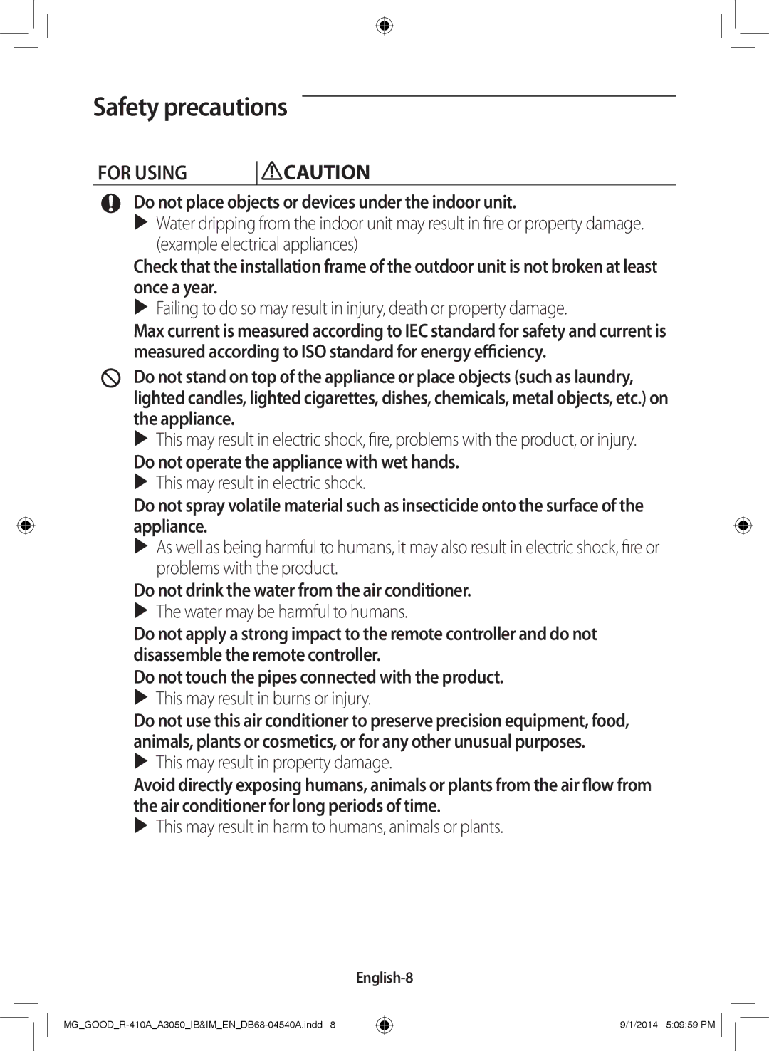 Samsung AR12JQFNBWKXMG, AR12JQFNBWK/MG, AR24JQFNBWKNMG Do not place objects or devices under the indoor unit, English-8 