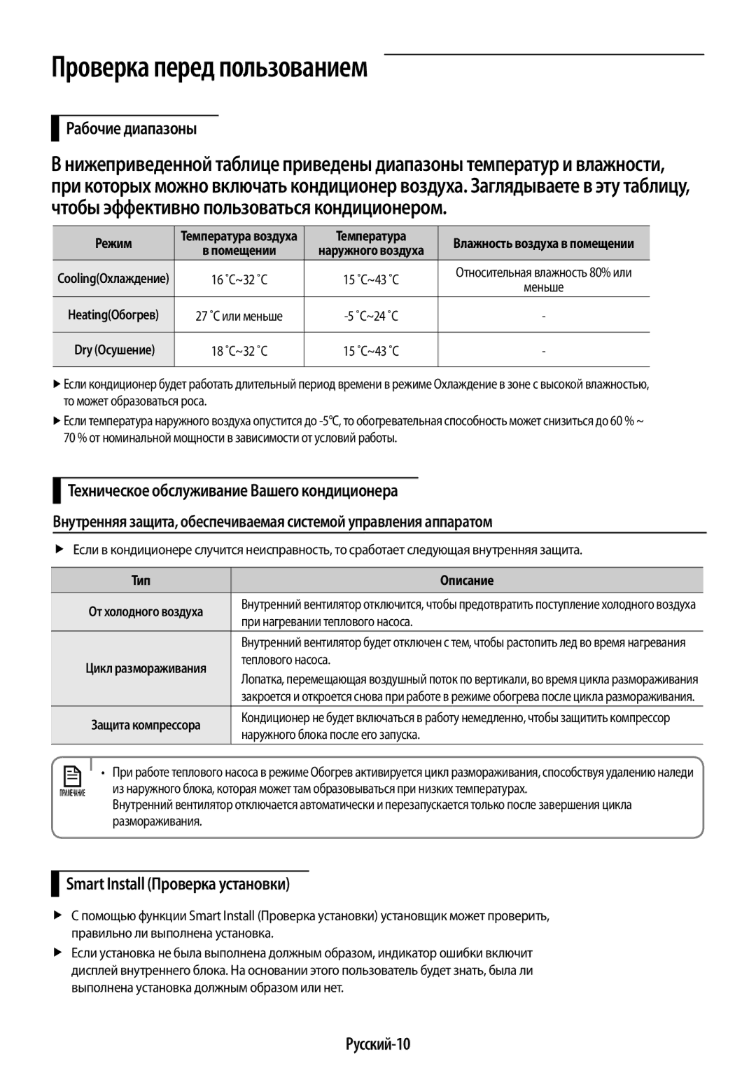 Samsung AR09JQFSAWKNER manual Проверка перед пользованием, Рабочие диапазоны, Smart Install Проверка установки, Русский-10 