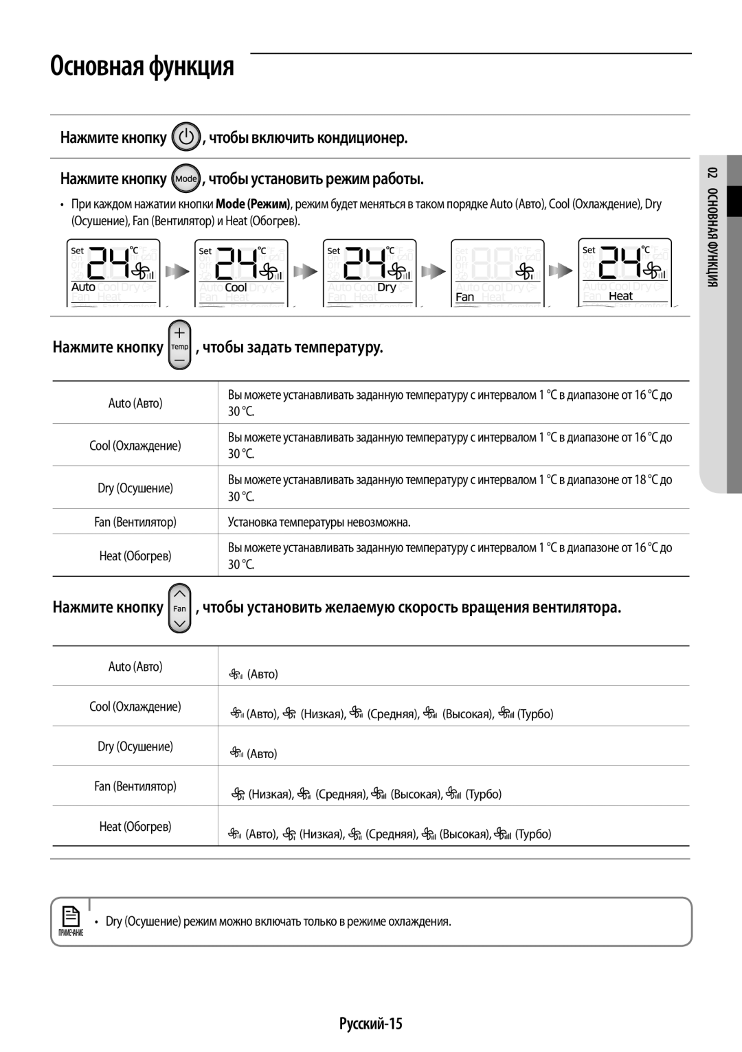 Samsung AR12JQFSCWKNER, AR09JQFSAWKNER, AR07JQFSAWKNER manual Нажмите кнопку , чтобы задать температуру, Русский-15 