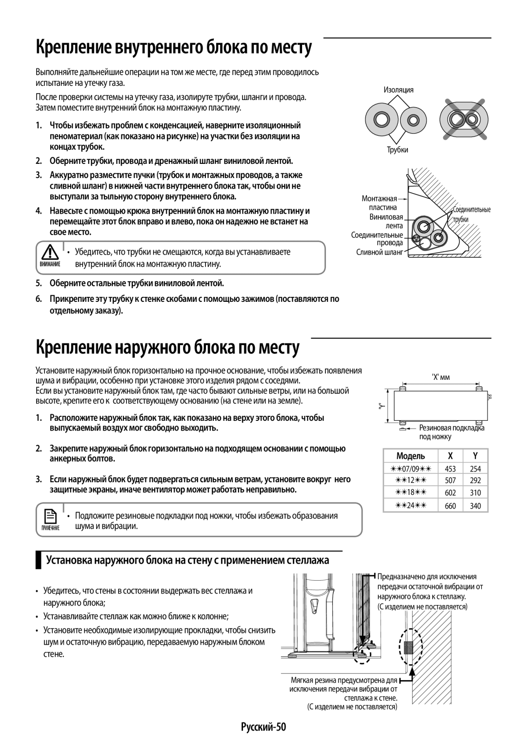 Samsung AR07JQFSAWKNER manual Русский-50, Шума и вибрации, Установка наружного блока на стену с применением стеллажа 