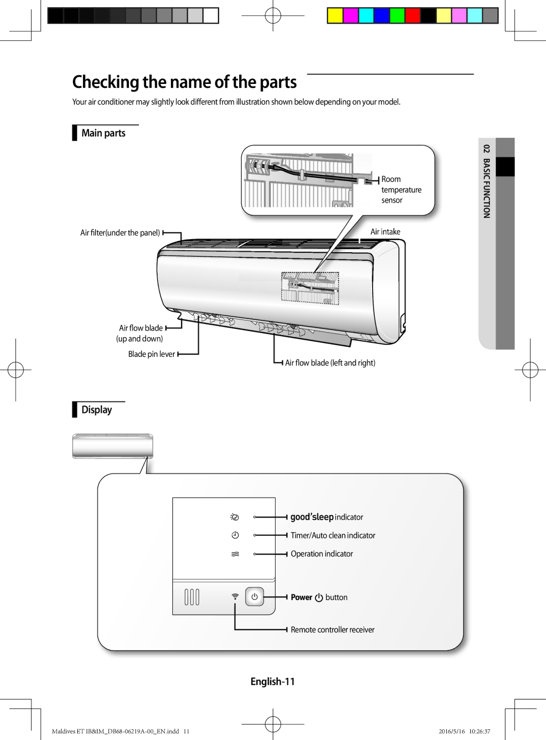 Samsung AR09JSFPEWQNET, AR12JSFPEWQNET, AR07JSFPEWQNEU manual Checking the name of the parts, Main parts, Display, English-11 