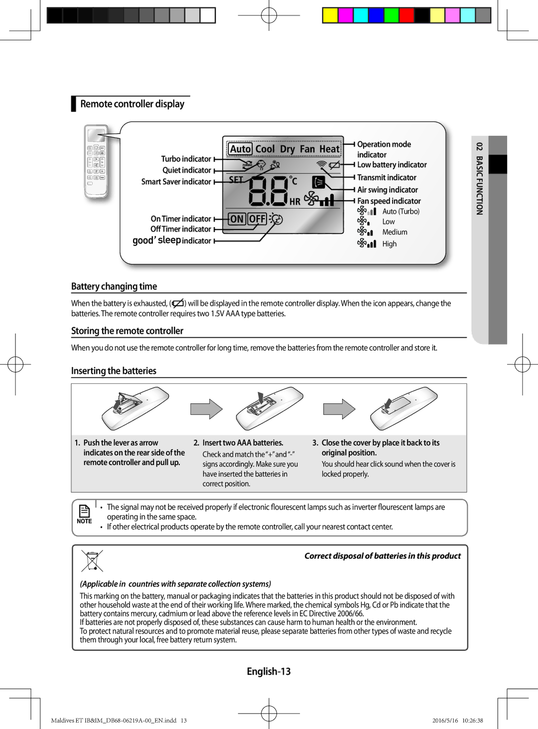 Samsung AR12JSFPEWQNZE manual Remote controller display, Battery changing time, Storing the remote controller, English-13 