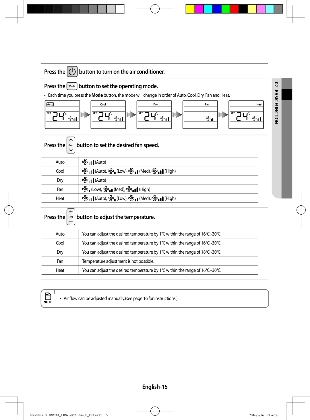 Samsung AR12JSFPEWQNET, AR09JSFPEWQNET, AR07JSFPEWQNEU Press, Button to adjust the temperature, English-15, Basic fun n iot 