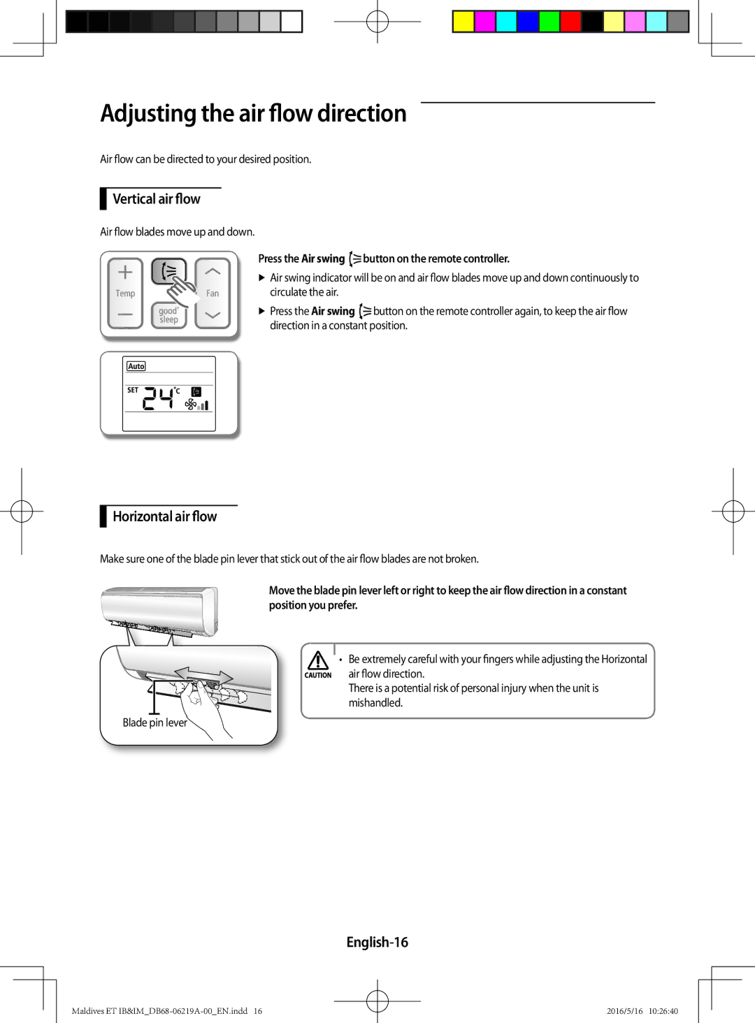 Samsung AR09JSFPEWQNET manual Adjusting the air flow direction, Vertical air flow, Horizontal air flow, English-16 