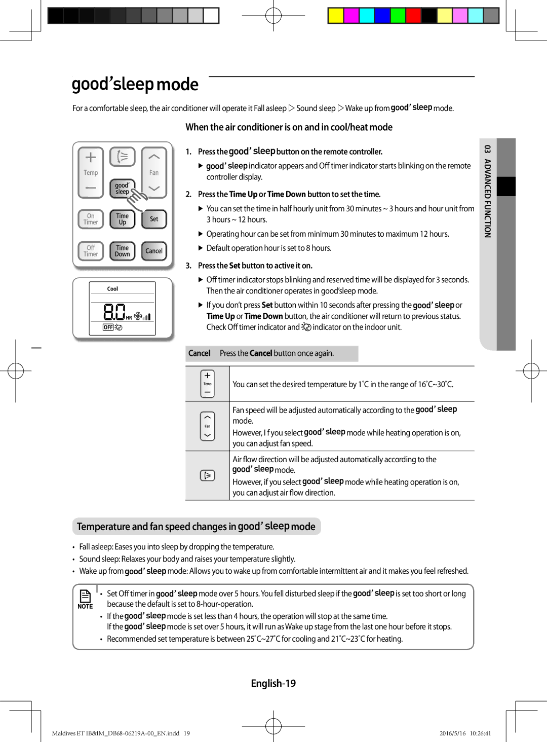 Samsung AR09JSFPEWQNZE, AR12JSFPEWQNET manual Mode, When the air conditioner is on and in cool/heat mode, English-19 