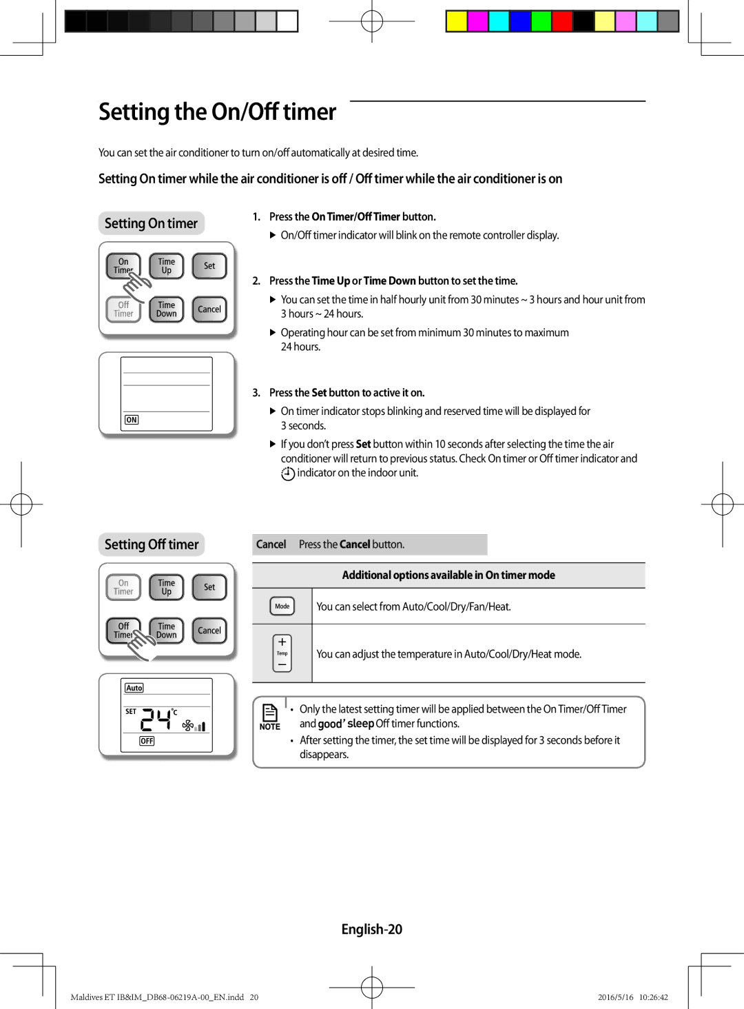 Samsung AR12JSFPEWQNET, AR09JSFPEWQNET manual Setting the On/Oﬀ timer, English-20, Press the On Timer/Off Timer button 