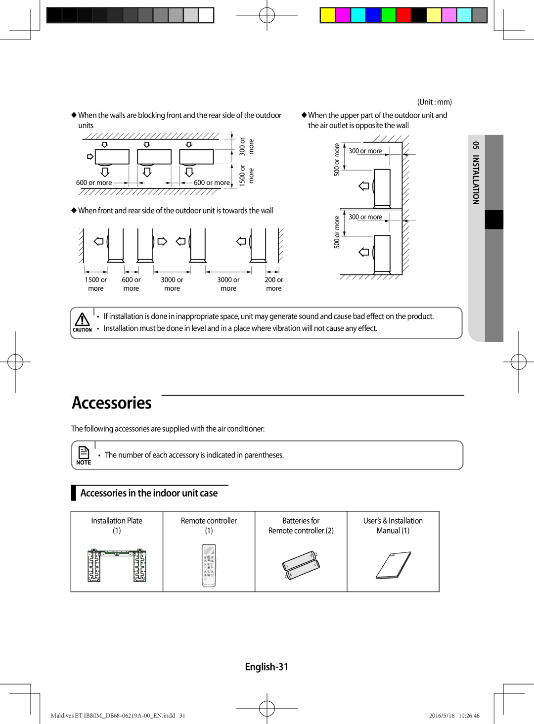 Samsung AR09JSFPEWQNET, AR12JSFPEWQNET, AR07JSFPEWQNEU manual Accessories in the indoor unit case, English-31, Unit mm 