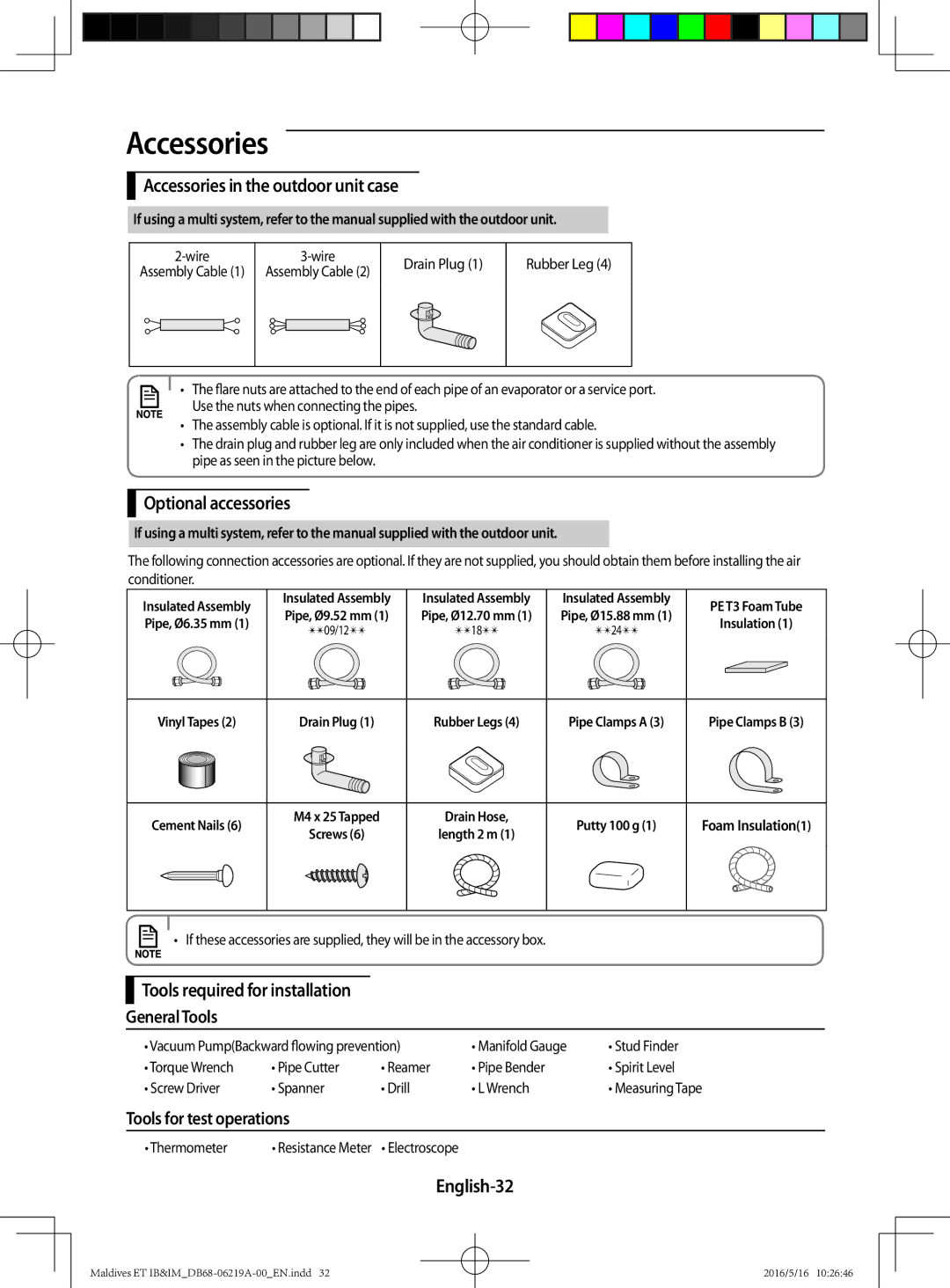Samsung AR07JSFPEWQNEU Accessories in the outdoor unit case, Optional accessories, Tools for test operations, English-32 