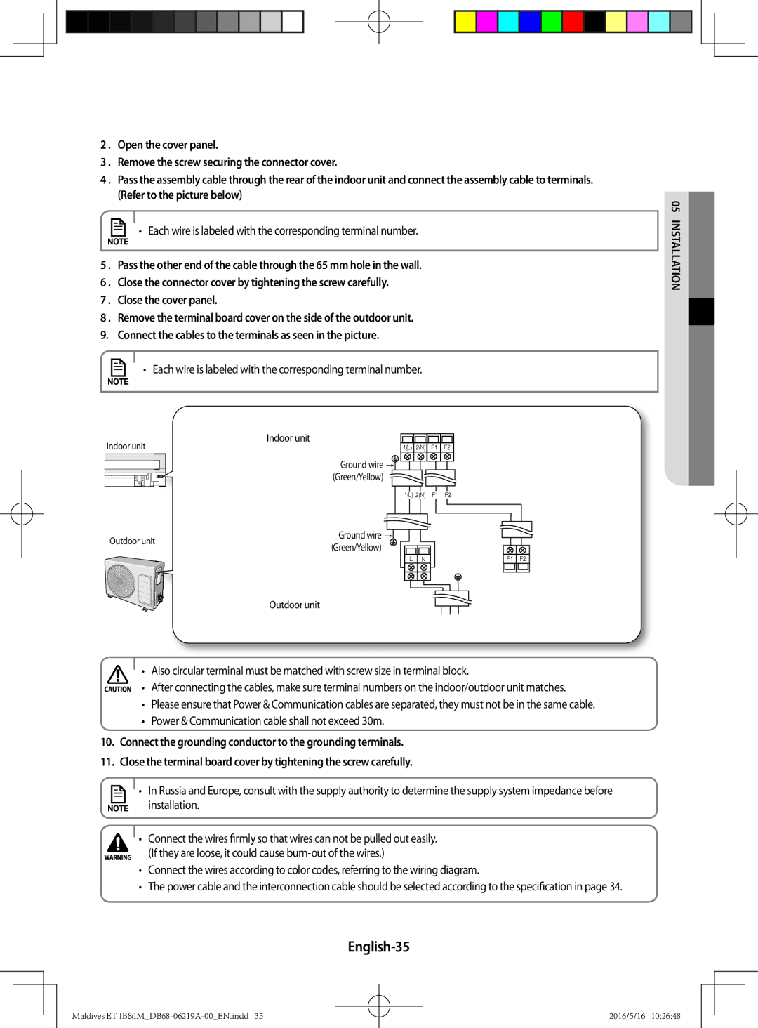 Samsung AR12JSFPEWQNET manual English-35, Each wire is labeled with the corresponding terminal number, InStAllAtIOn 