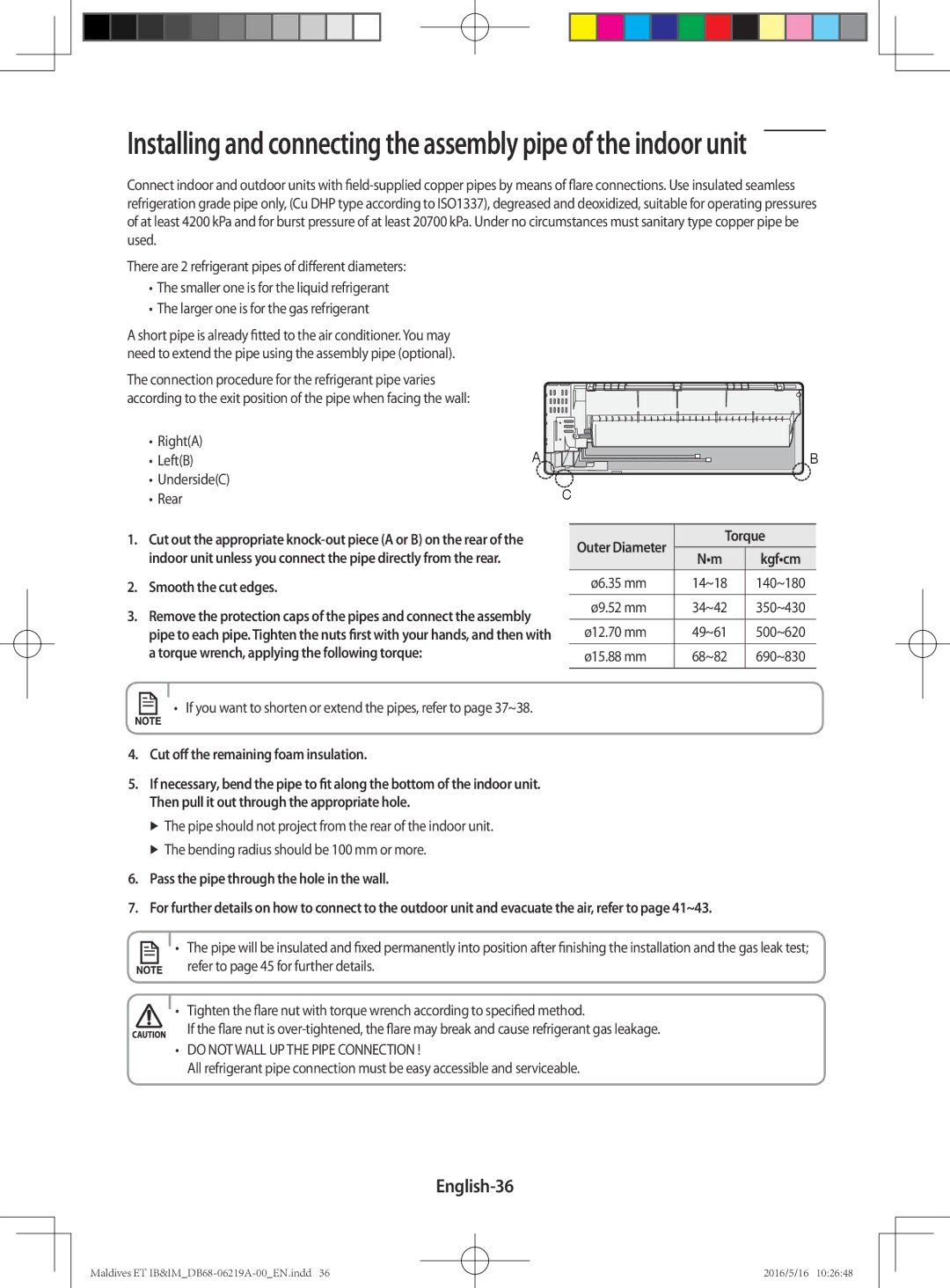 Samsung AR09JSFPEWQNET, AR12JSFPEWQNET English-36, Smooth the cut edges, Cut off the remaining foam insulation, Torque 