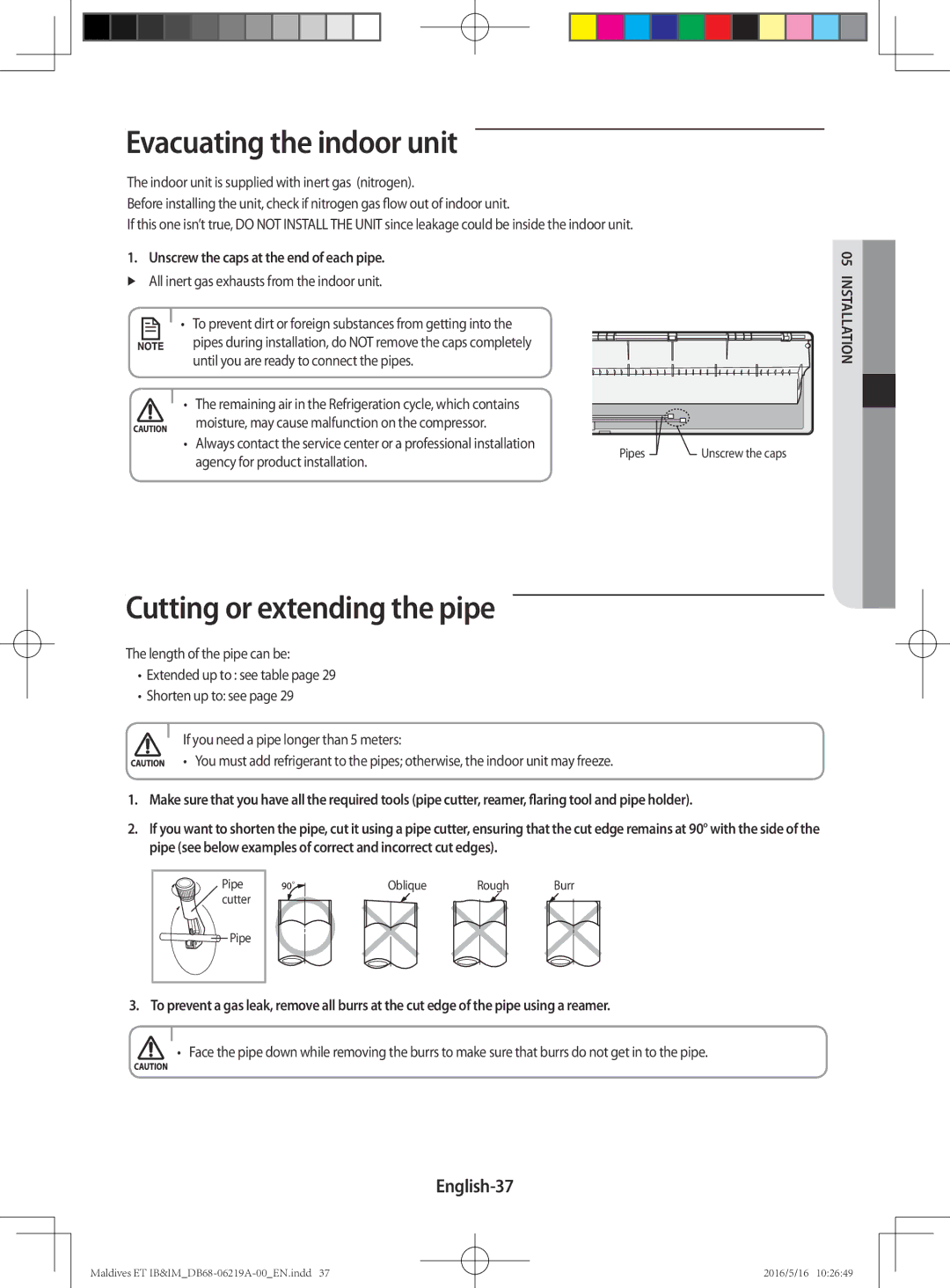 Samsung AR07JSFPEWQNEU, AR12JSFPEWQNET manual Evacuating the indoor unit, Cutting or extending the pipe, English-37 