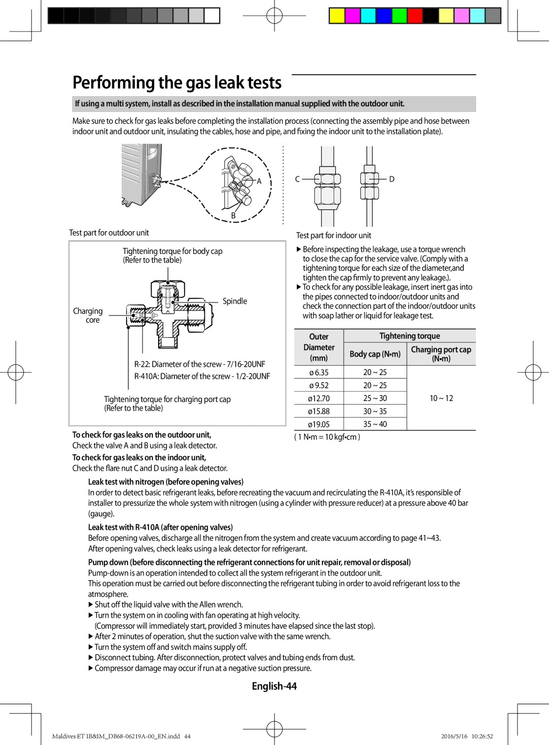 Samsung AR09JSFPEWQNZE, AR12JSFPEWQNET, AR09JSFPEWQNET, AR07JSFPEWQNEU manual Performing the gas leak tests, English-44 