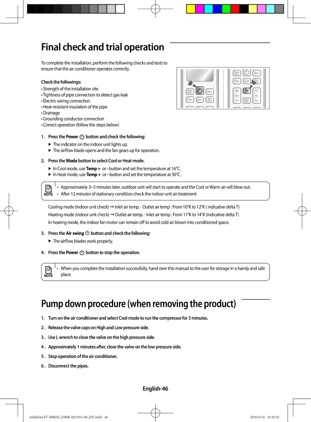 Samsung AR09JSFPEWQNET manual Final check and trial operation, Pump down procedure when removing the product, English-46 