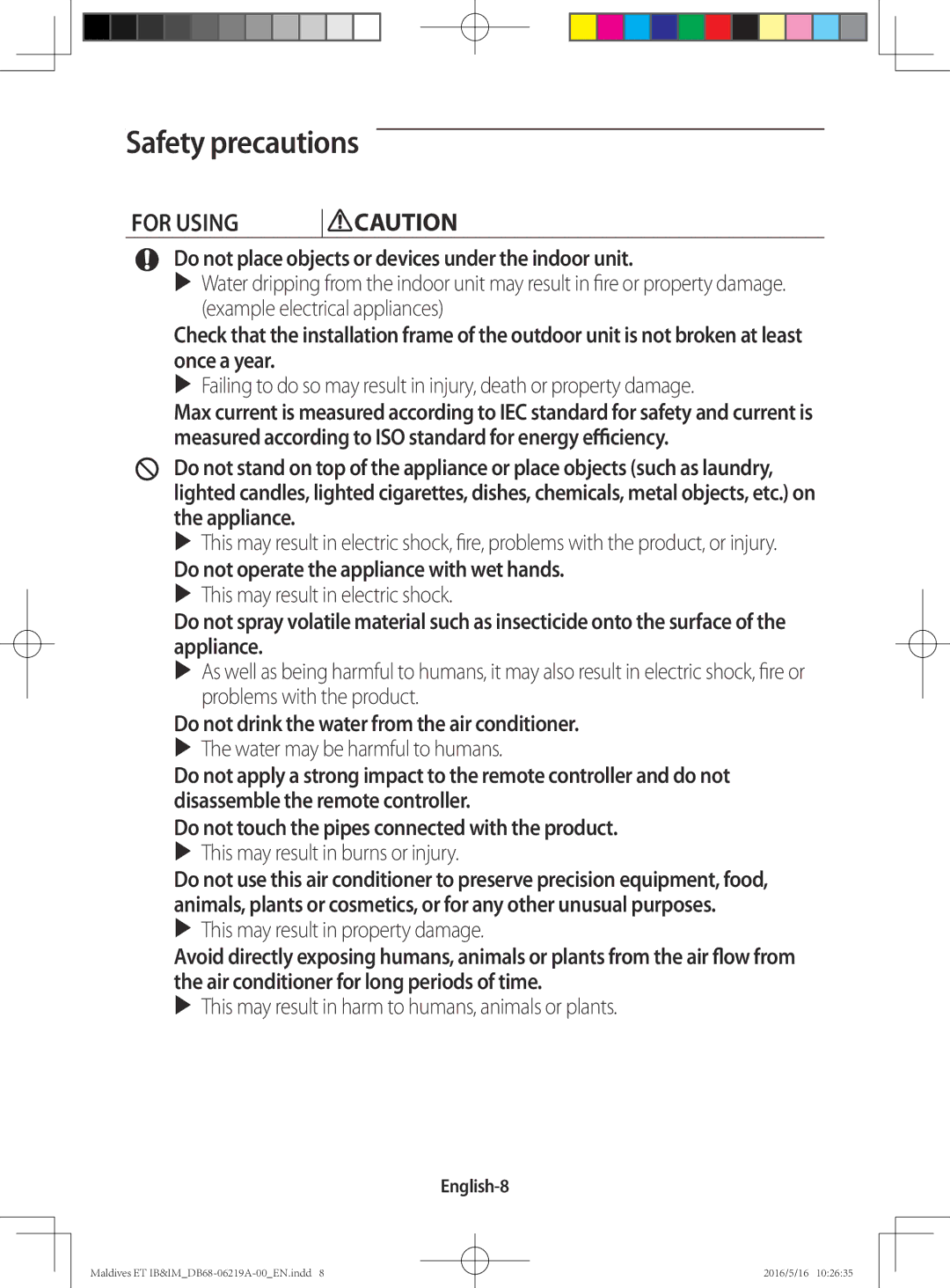 Samsung AR12JSFPEWQNZE, AR12JSFPEWQNET, AR09JSFPEWQNET Do not place objects or devices under the indoor unit, English-8 