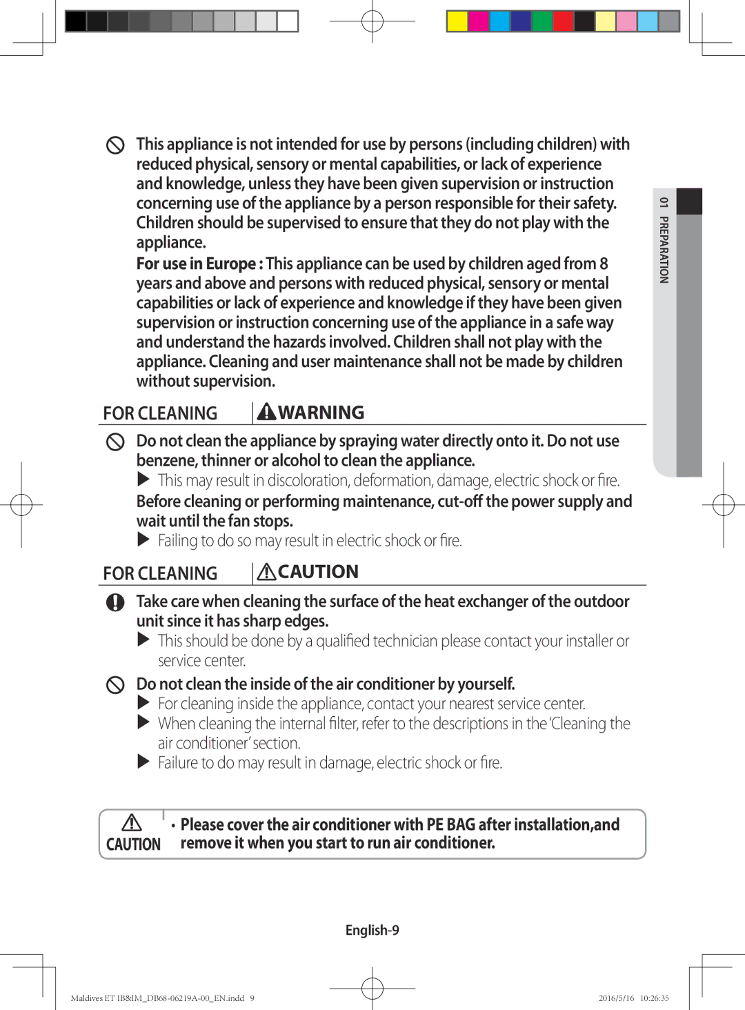 Samsung AR09JSFPEWQNZE, AR12JSFPEWQNET, AR09JSFPEWQNET, AR07JSFPEWQNEU, AR12JSFPEWQNZE manual For Cleaning, English-9 