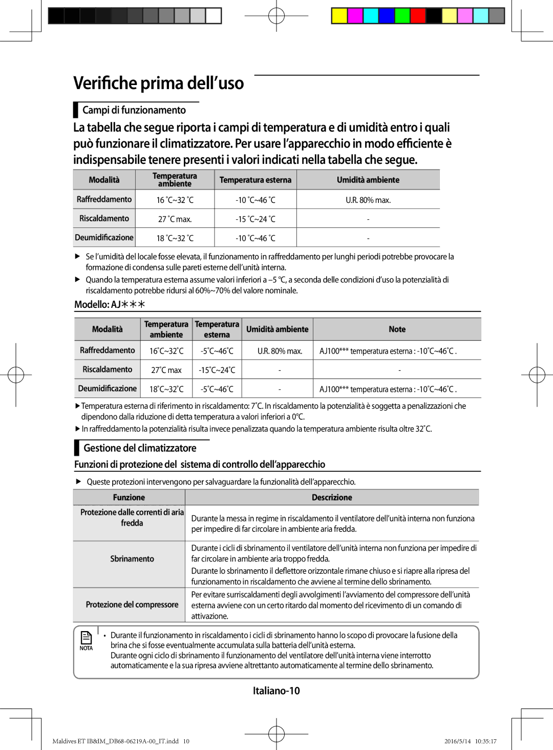 Samsung AR09JSFPEWQNET, AR12JSFPEWQNET manual Verifiche prima dell’uso, Campi di funzionamento, Modello AJ, Italiano-10 