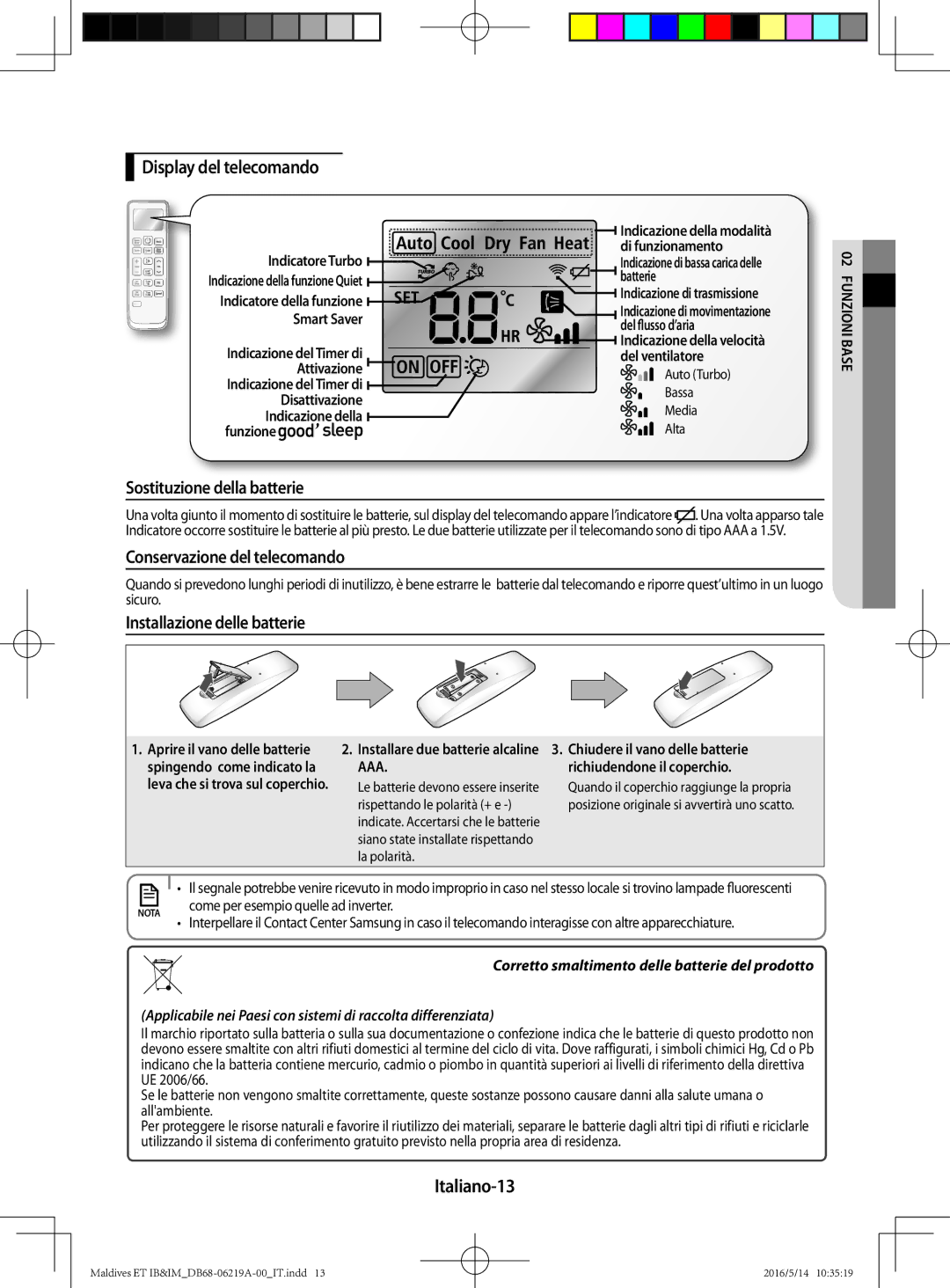 Samsung AR09JSFPEWQNET Display del telecomando, Sostituzione della batterie, Conservazione del telecomando, Italiano-13 