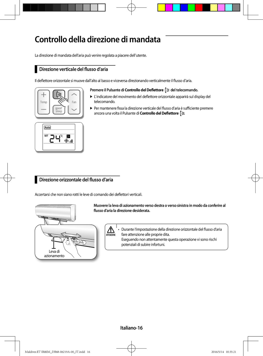 Samsung AR09JSFPEWQNET manual Controllo della direzione di mandata, Direzione verticale del flusso d’aria, Italiano-16 