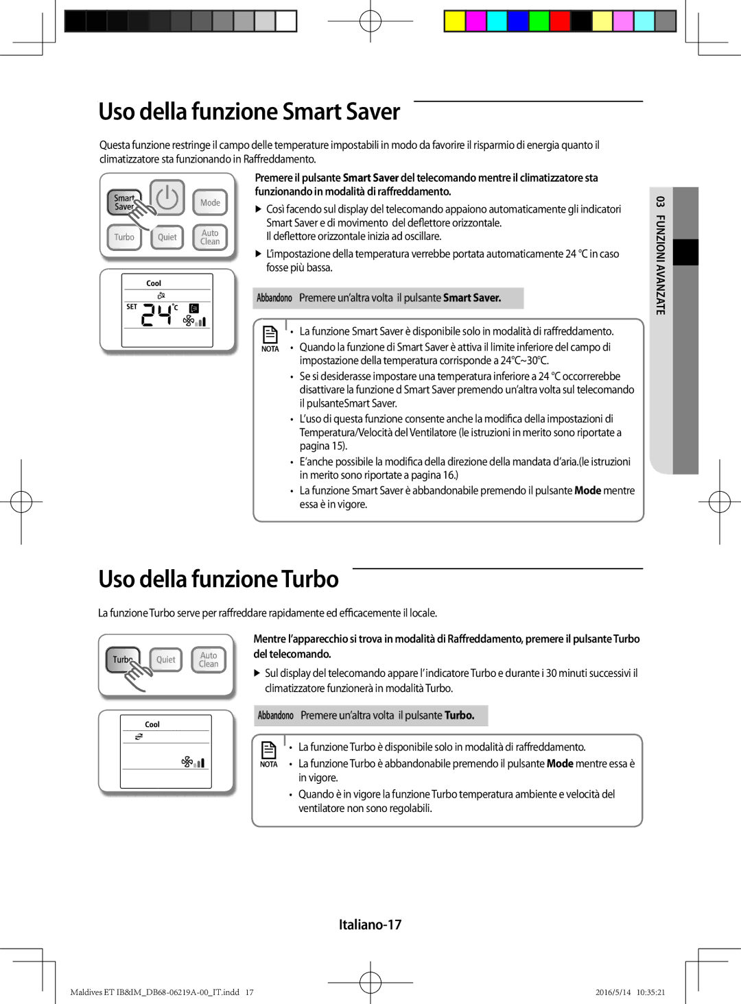 Samsung AR07JSFPEWQNEU manual Uso della funzione smart saver, Uso della funzione turbo, Italiano-17, FunzIonI AVAnzAte 